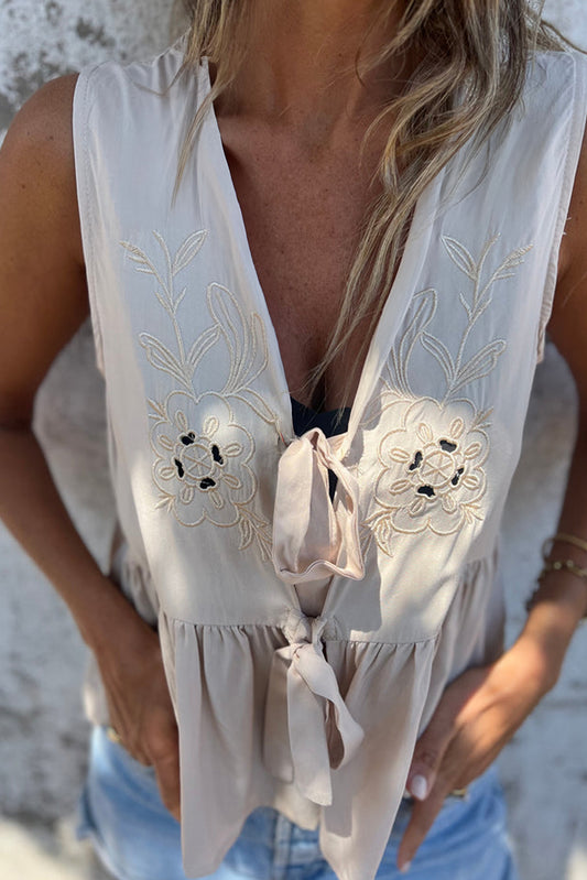 Parchment Hollow Out Embroidered Flower Knot Front V Neck Tank Top-Tops/Tank Tops-[Adult]-[Female]-Parchment-S-2022 Online Blue Zone Planet
