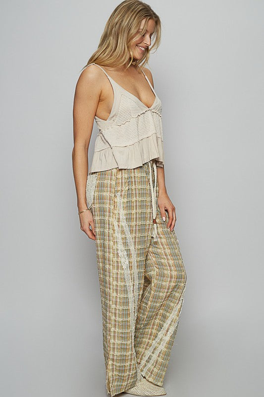 POL Lace Trim Drawstring Checkered Wide Leg Pants-BOTTOMS-[Adult]-[Female]-2022 Online Blue Zone Planet