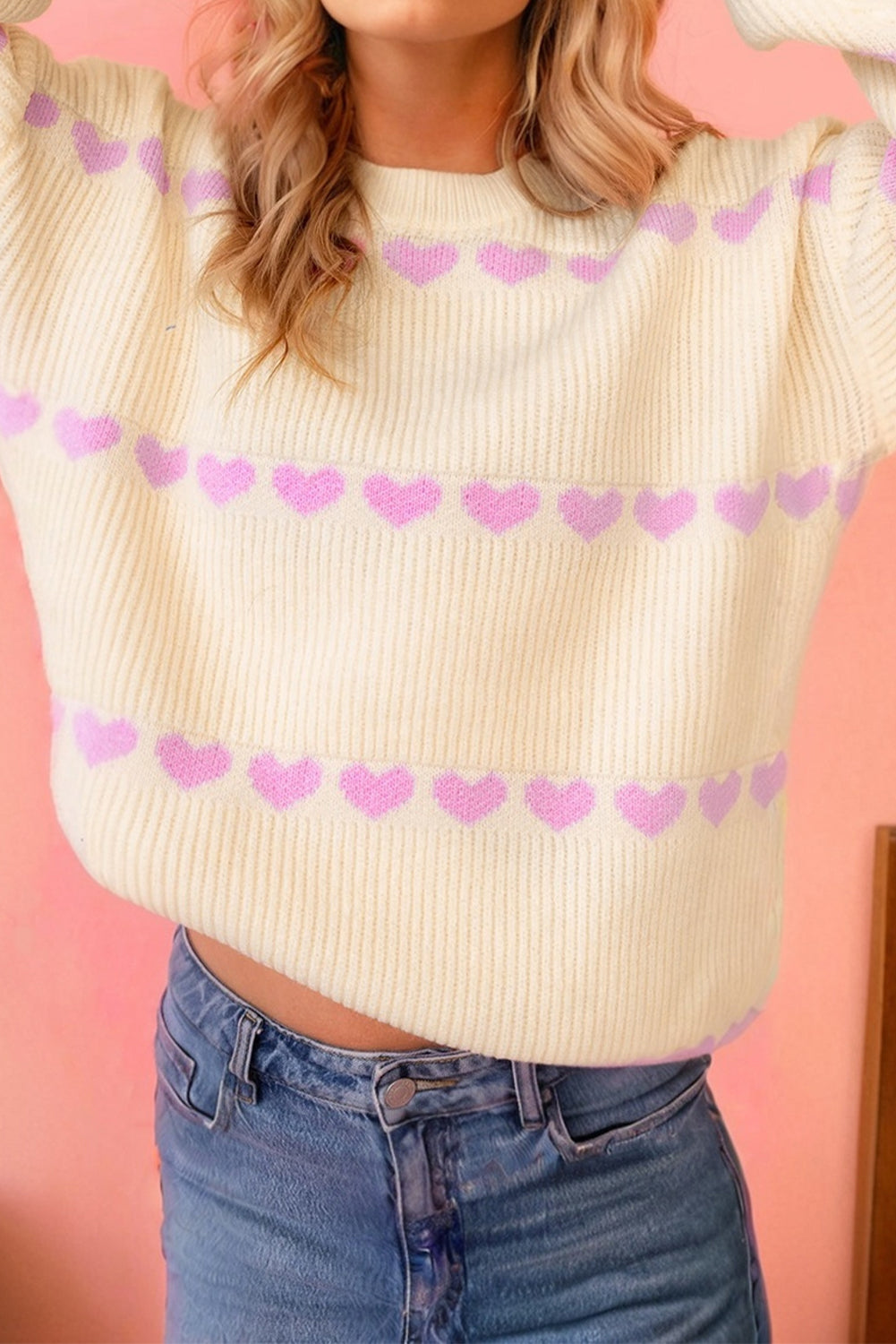 Pink Heart Pattern Valentine Ribbed Knit Sweater-TOPS / DRESSES-[Adult]-[Female]-Pink-S-2022 Online Blue Zone Planet