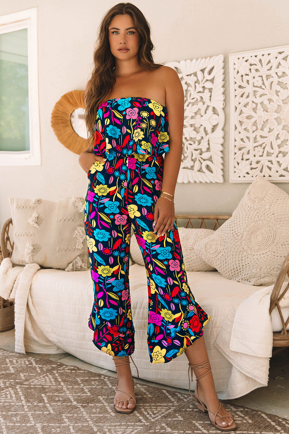 Red Mix Tropical Print Strapless Ruffled Jumpsuit-Bottoms/Jumpsuits & Rompers-[Adult]-[Female]-2022 Online Blue Zone Planet