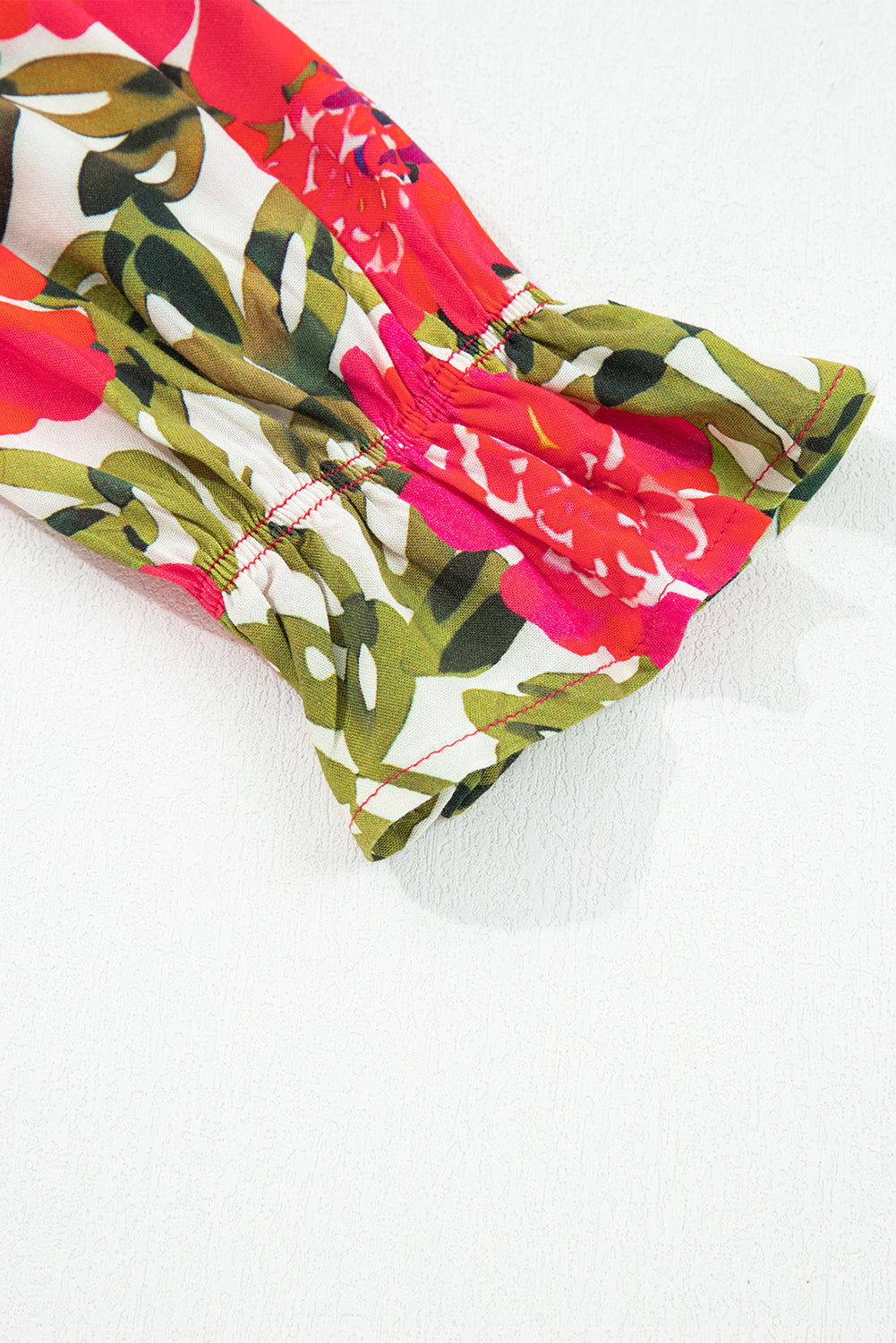 Red Floral Print Lace Up V Neck Flounce Sleeve Blouse-Tops/Blouses & Shirts-[Adult]-[Female]-2022 Online Blue Zone Planet