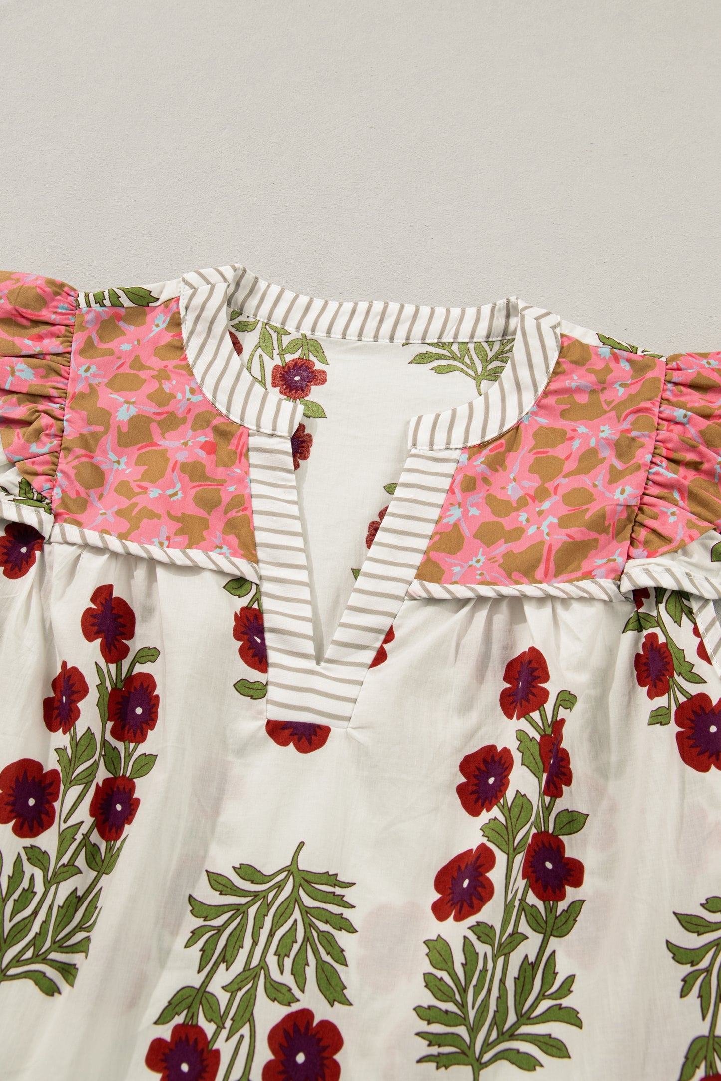 White Floral Print Contrast Striped Trim Flutter Cotton Blouse-Tops/Blouses & Shirts-[Adult]-[Female]-2022 Online Blue Zone Planet