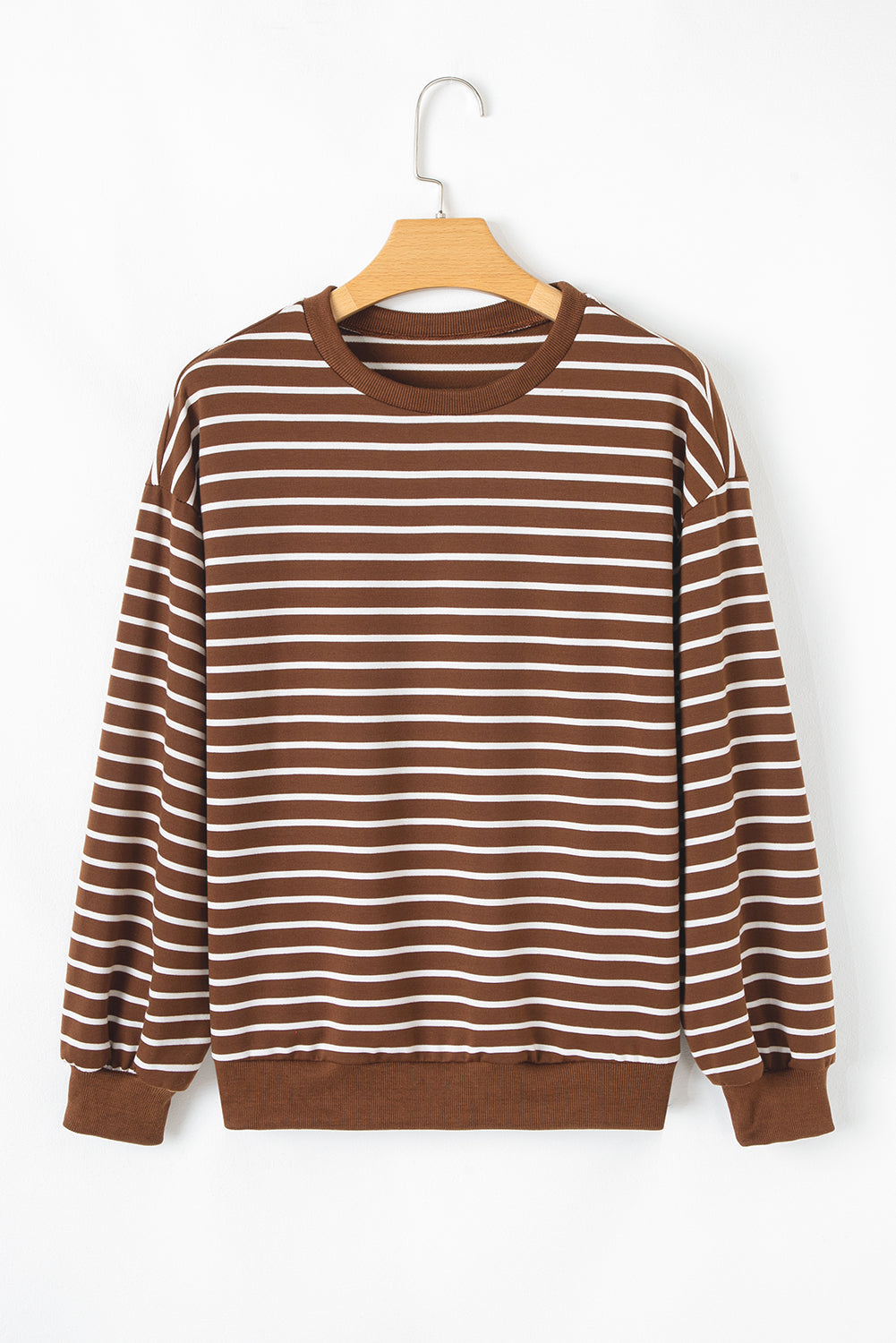 Coffee Striped Long Sleeve Round Neck Loose Top-Tops/Long Sleeve Tops-[Adult]-[Female]-2022 Online Blue Zone Planet
