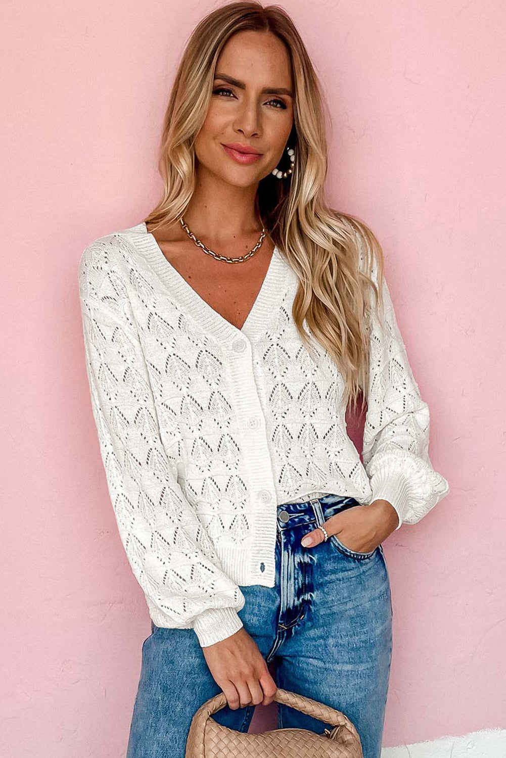 White Lightweight Buttoned Front Crochet Cardigan-TOPS / DRESSES-[Adult]-[Female]-2022 Online Blue Zone Planet