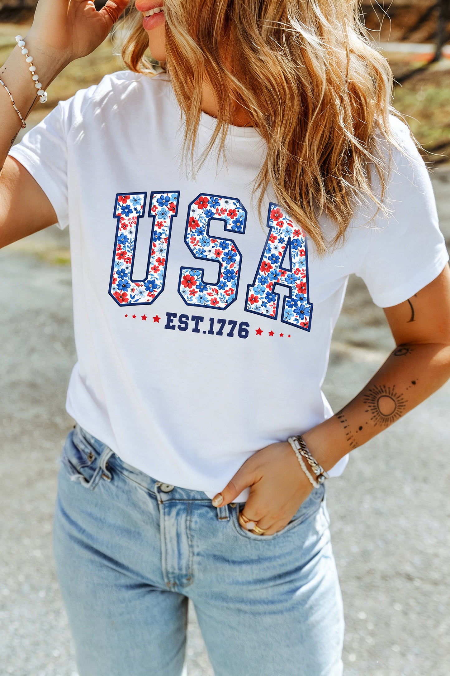 White USA Floral Print EST 1776 Patriotic Graphic Tee-Graphic/Graphic Tees-[Adult]-[Female]-2022 Online Blue Zone Planet