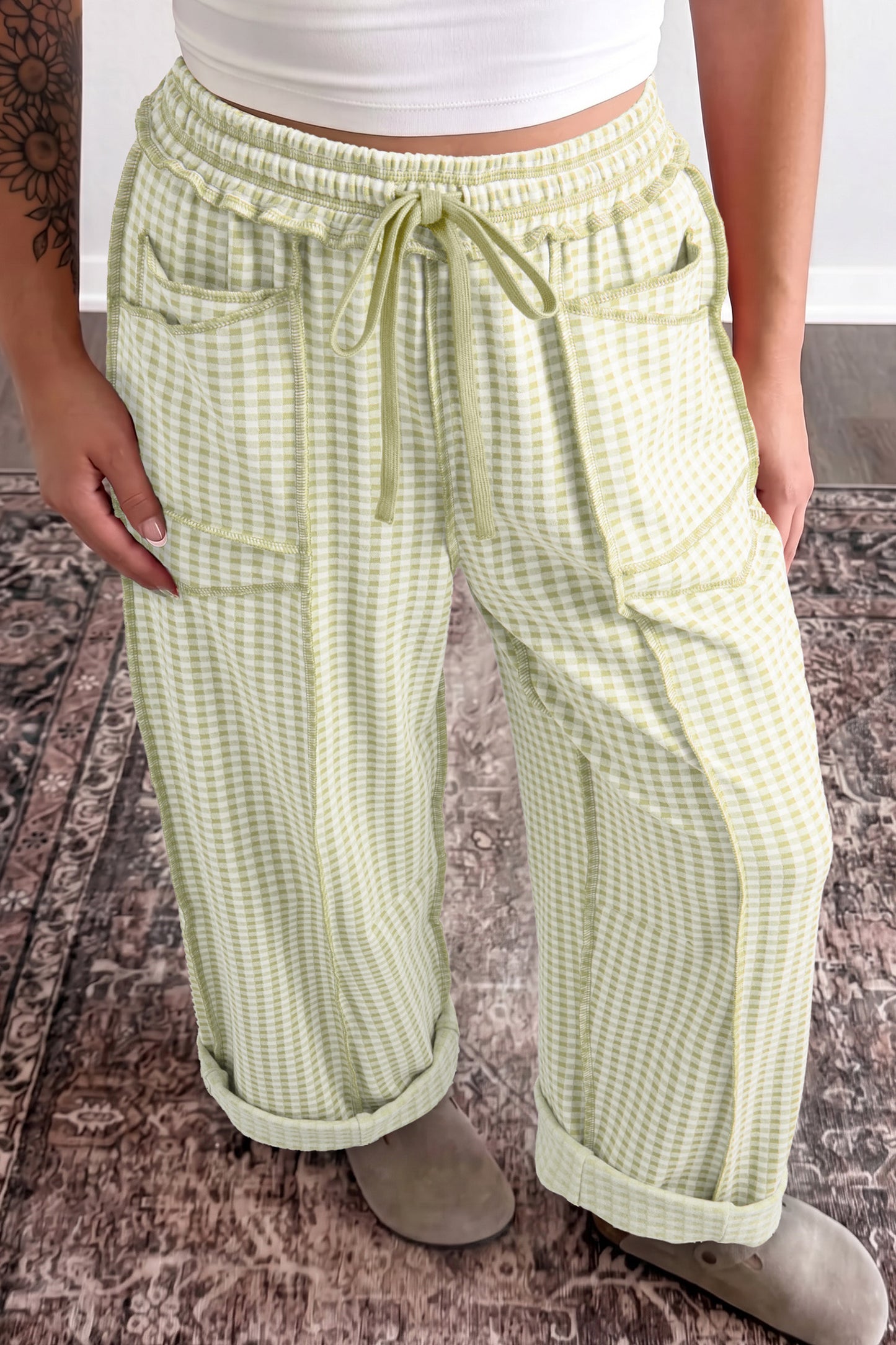 Red Plaid Contrast Trim Drawstring Elastic Waist Shift Pants-Bottoms/Pants & Culotte-[Adult]-[Female]-Green-S-2022 Online Blue Zone Planet
