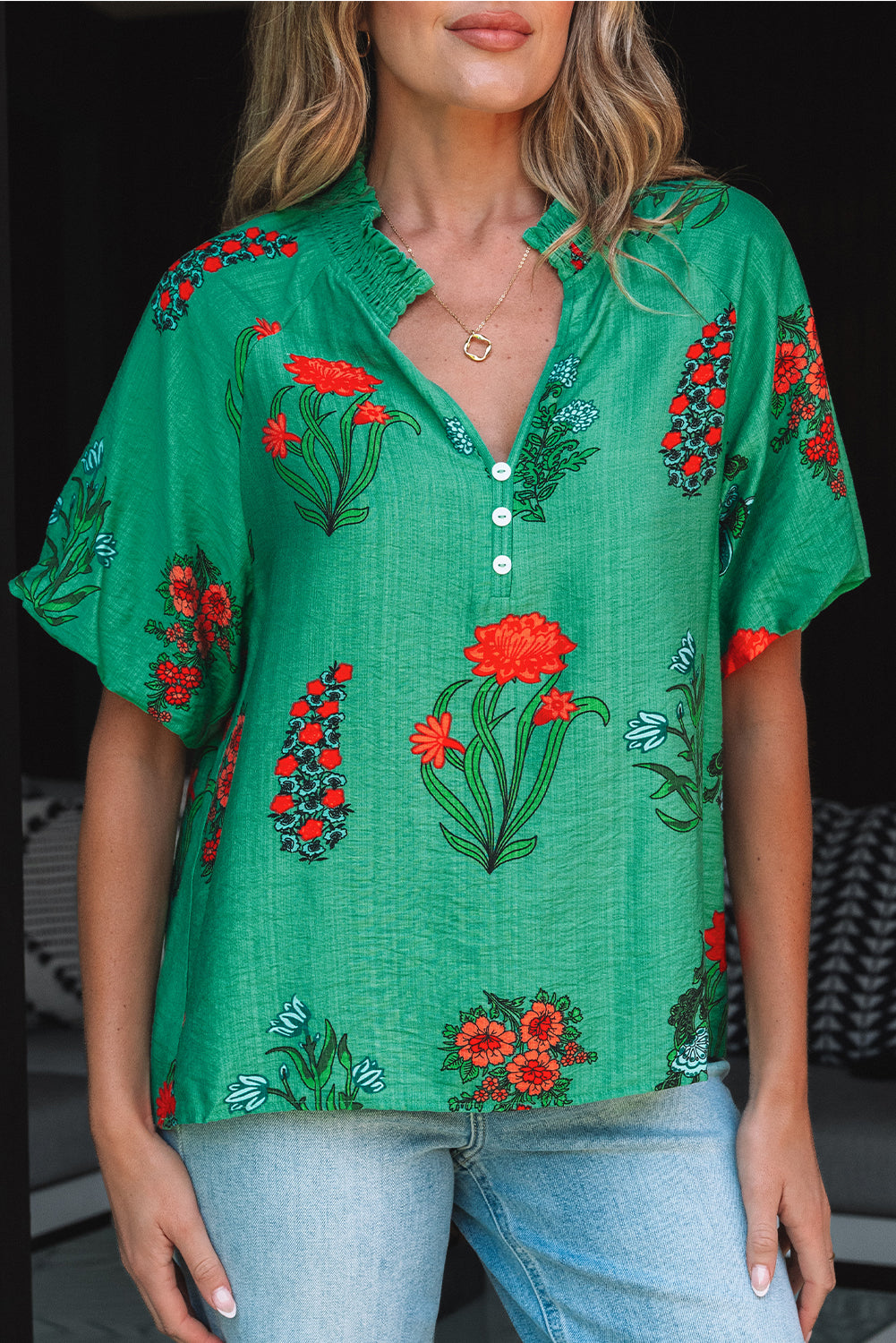 Bright Green Floral Print Buttoned V Neck Short Sleeve Blouse-Tops/Blouses & Shirts-[Adult]-[Female]-2022 Online Blue Zone Planet