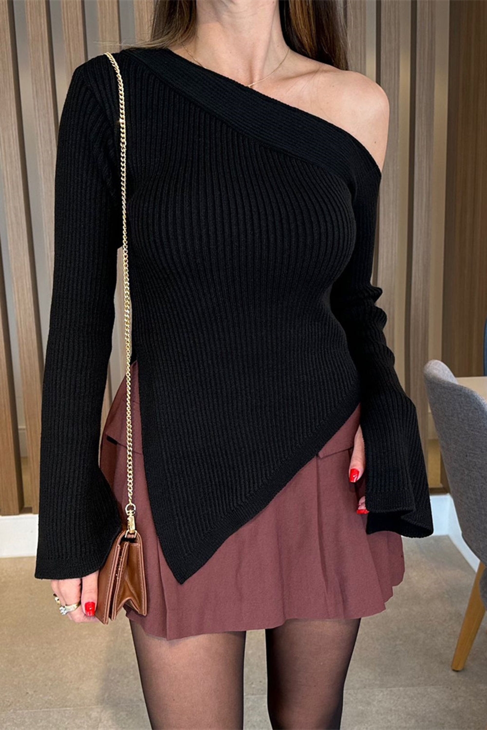 Asymmetric Hem Single Shoulder Sweater-TOPS / DRESSES-[Adult]-[Female]-Black-S-2022 Online Blue Zone Planet