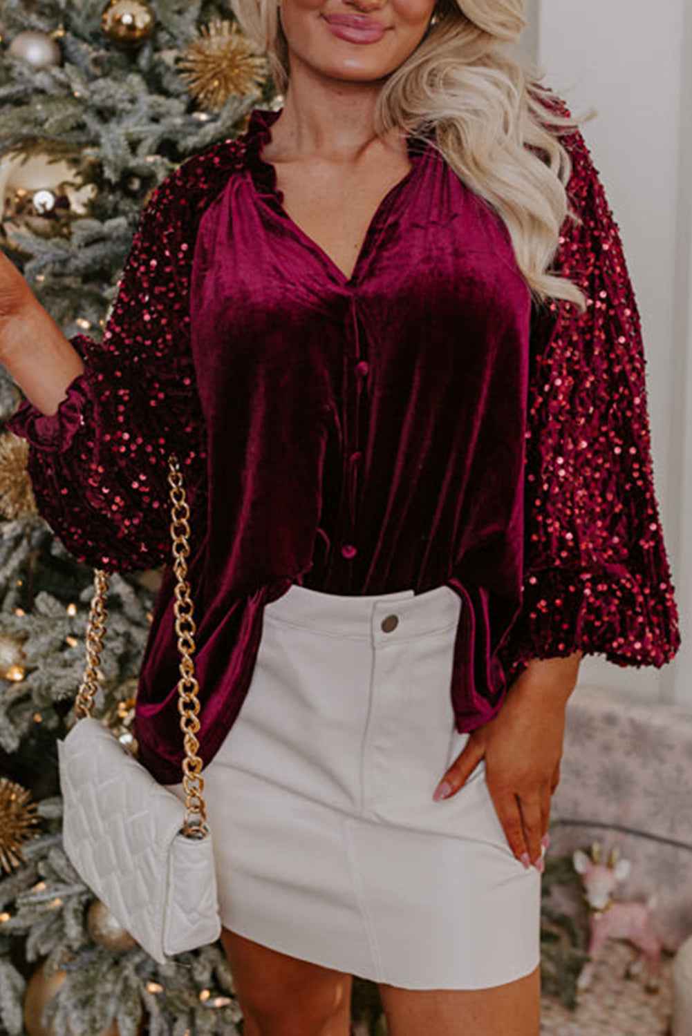 Red Dahlia Sequin Patchwork Sleeve Button Up Velvet Top-Tops/Blouses & Shirts-[Adult]-[Female]-Red Dahlia-S-2022 Online Blue Zone Planet