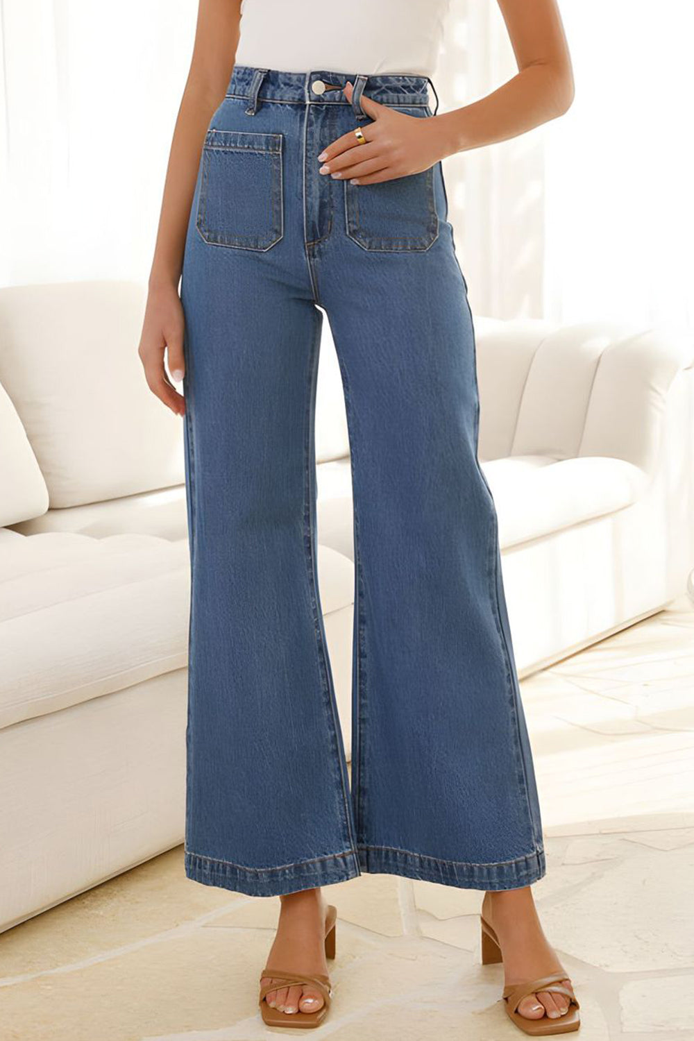 High Waist Bootcut Jeans with Pockets-BOTTOMS SIZES SMALL MEDIUM LARGE-[Adult]-[Female]-2022 Online Blue Zone Planet