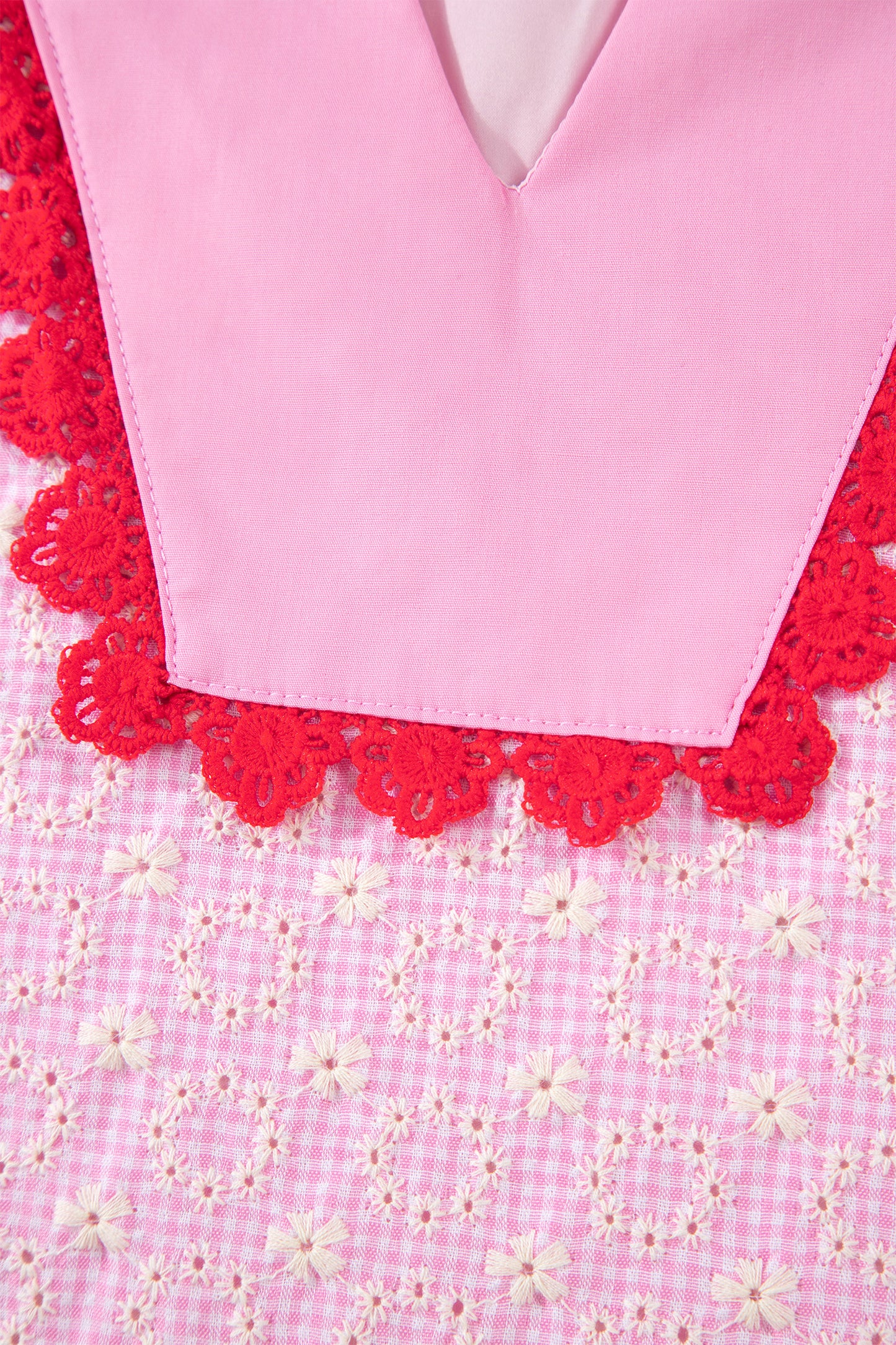 Pink Eyelet Embroidered Flower Texture Contrast Lace Trim Flutter Sleeve Blouse-Tops/Blouses & Shirts-[Adult]-[Female]-2022 Online Blue Zone Planet