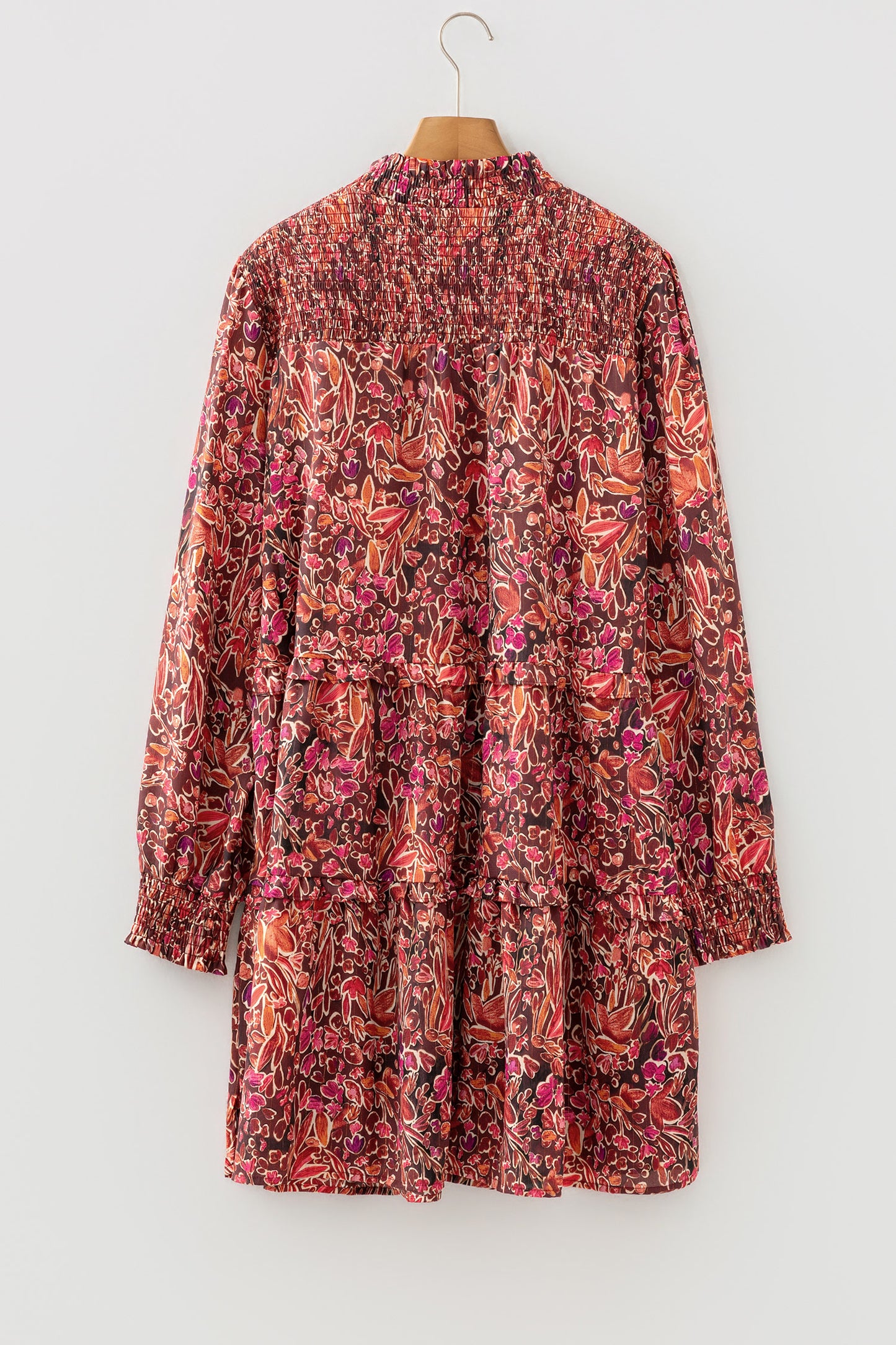 Red Floral Print Long Sleeve Shirred High Neck Loose Mini Dress-TOPS / DRESSES-[Adult]-[Female]-2022 Online Blue Zone Planet