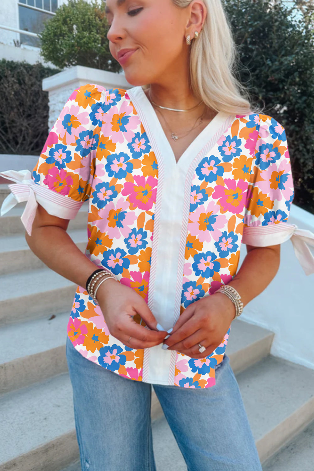 White Floral Colorblock Striped Edge V Neck Knotted Short Sleeve Blouse-Tops/Blouses & Shirts-[Adult]-[Female]-2022 Online Blue Zone Planet