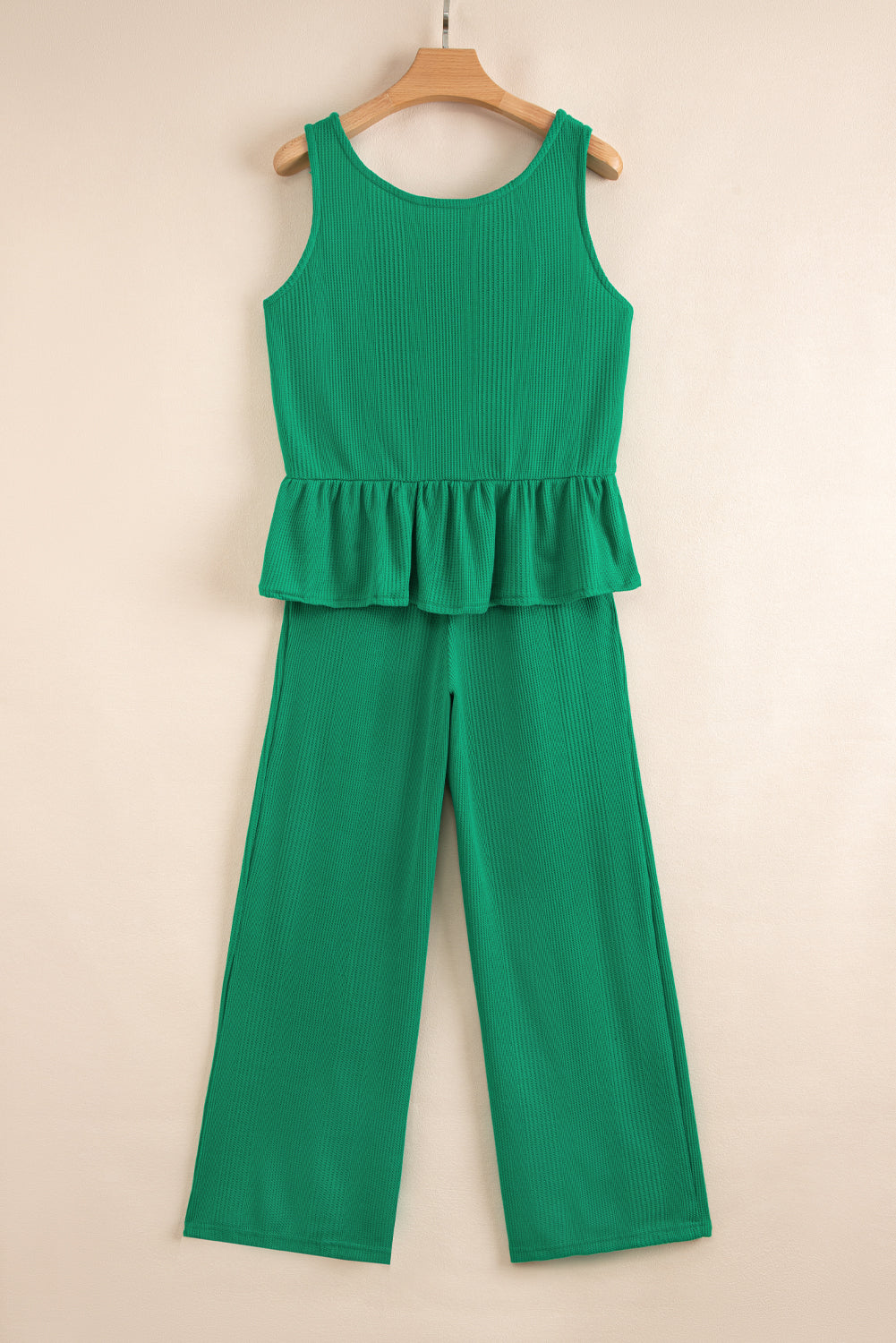 Green Solid Color Ribbed Ruffle Tank Top and Pants Set-Two Piece Sets/Pant Sets-[Adult]-[Female]-2022 Online Blue Zone Planet