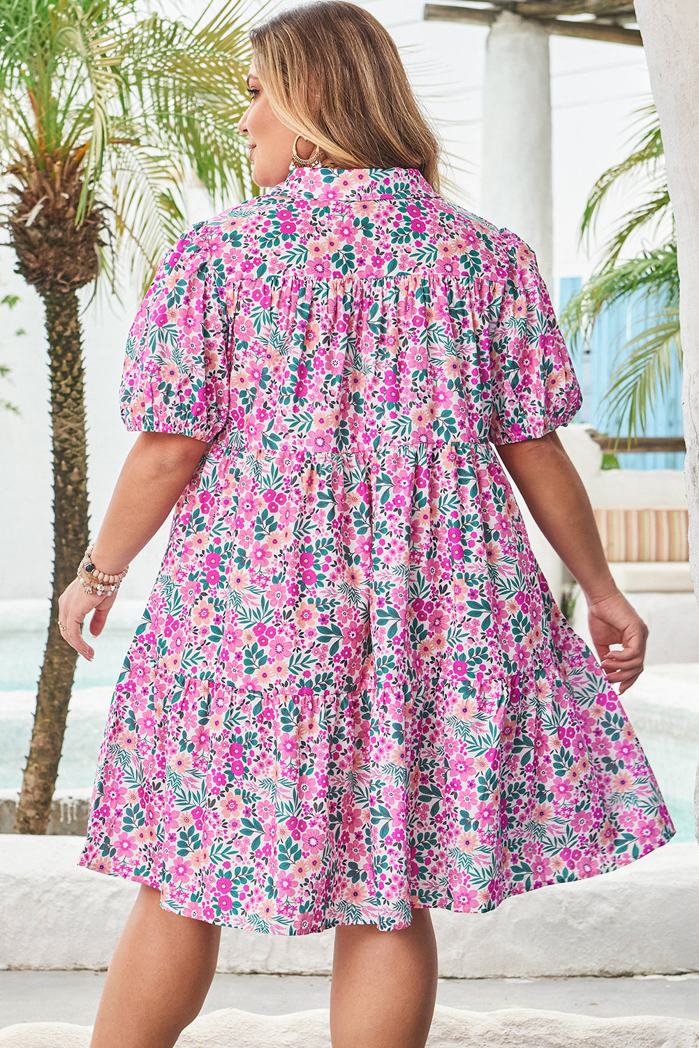 Pink Plus Size Floral Half Button Short Puff Sleeve A-line Dress-TOPS / DRESSES-[Adult]-[Female]-2022 Online Blue Zone Planet