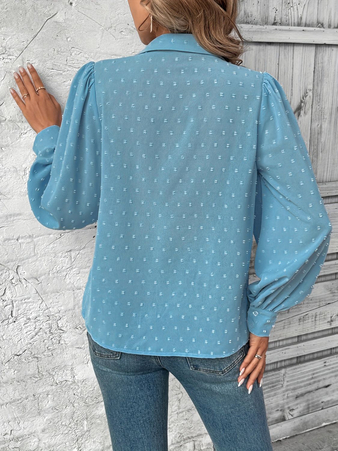 Full Size Swiss Dot Collared Neck Long Sleeve Shirt-TOPS / DRESSES-[Adult]-[Female]-2022 Online Blue Zone Planet