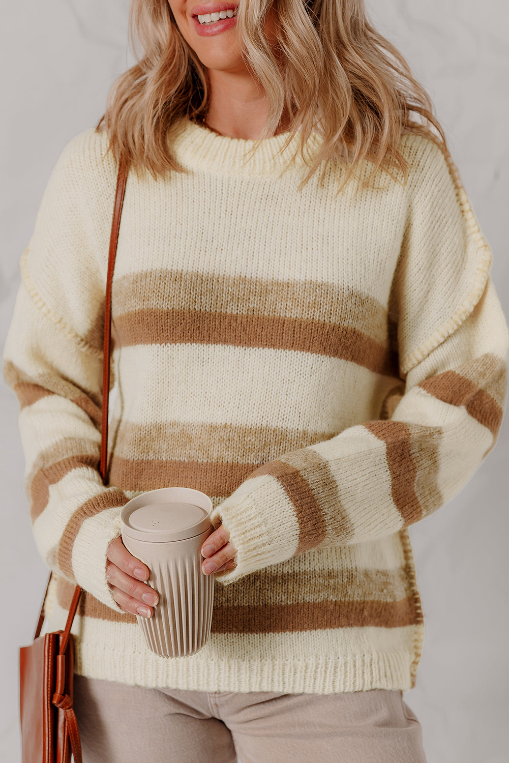 Khaki Stripe Exposed Seam Drop Shoulder Knit Baggy Sweater-TOPS / DRESSES-[Adult]-[Female]-Khaki Stripe-S-2022 Online Blue Zone Planet