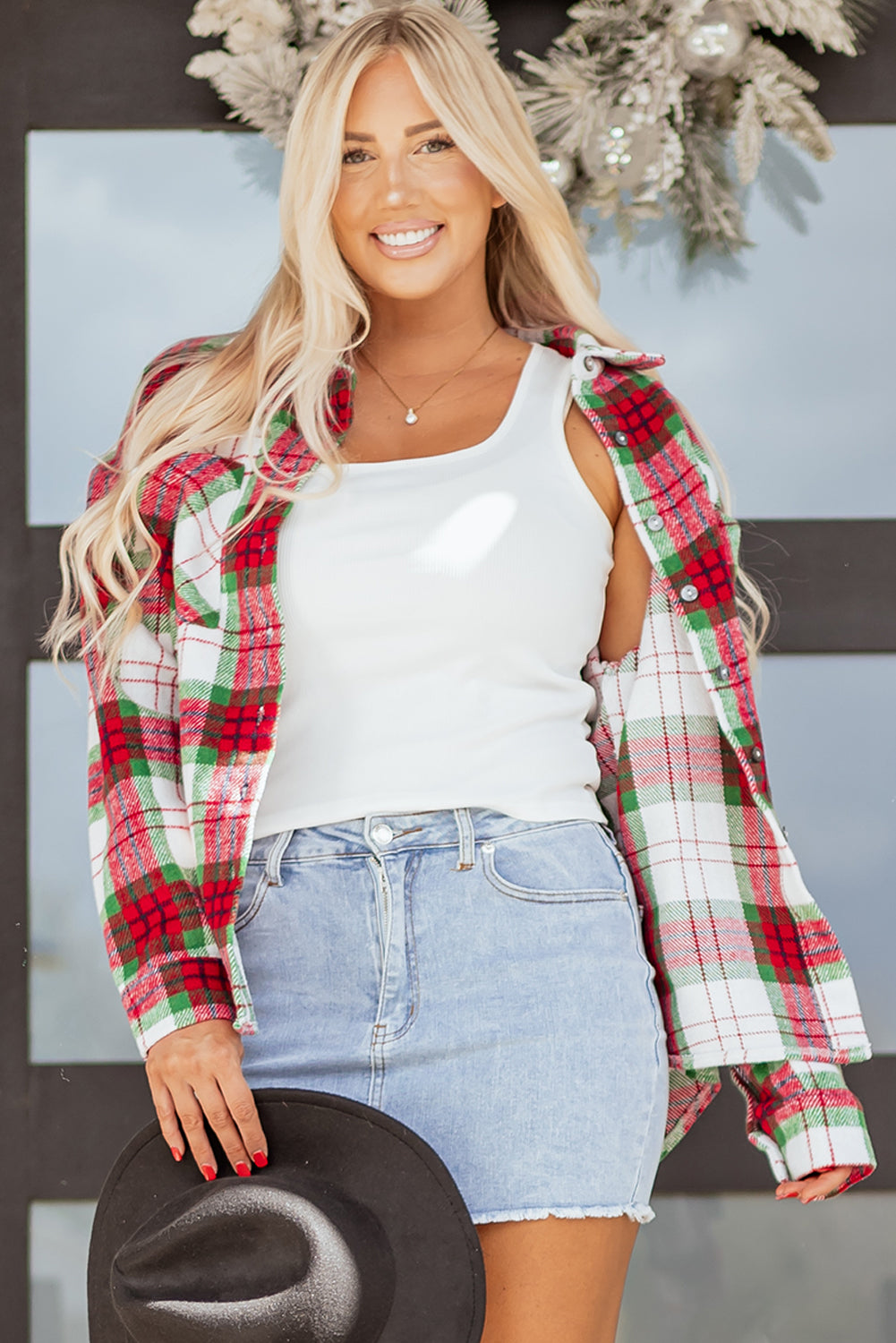 Red Christmas Plaid Casual Flannel Shacket-Outerwear/Plaid Shackets-[Adult]-[Female]-2022 Online Blue Zone Planet