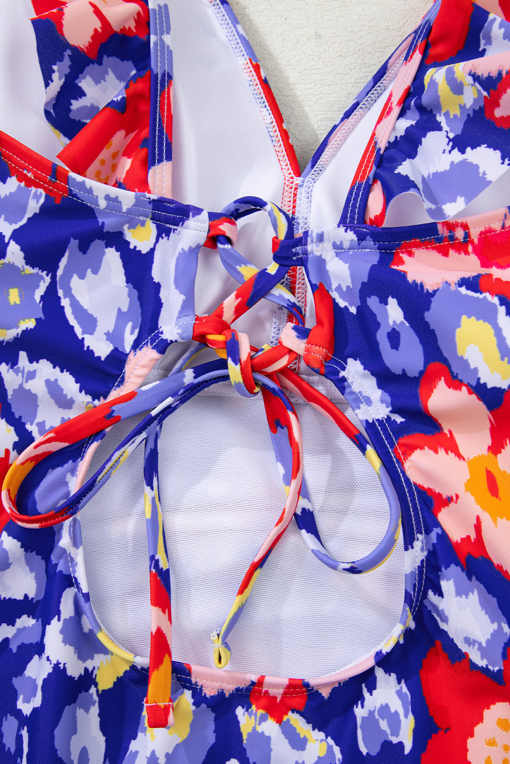 Blue Floral Ruffle Trim V Neck Lace-Up Back Tummy Control One Piece Swimsuit-Swimwear/One Piece Swimsuit-[Adult]-[Female]-2022 Online Blue Zone Planet