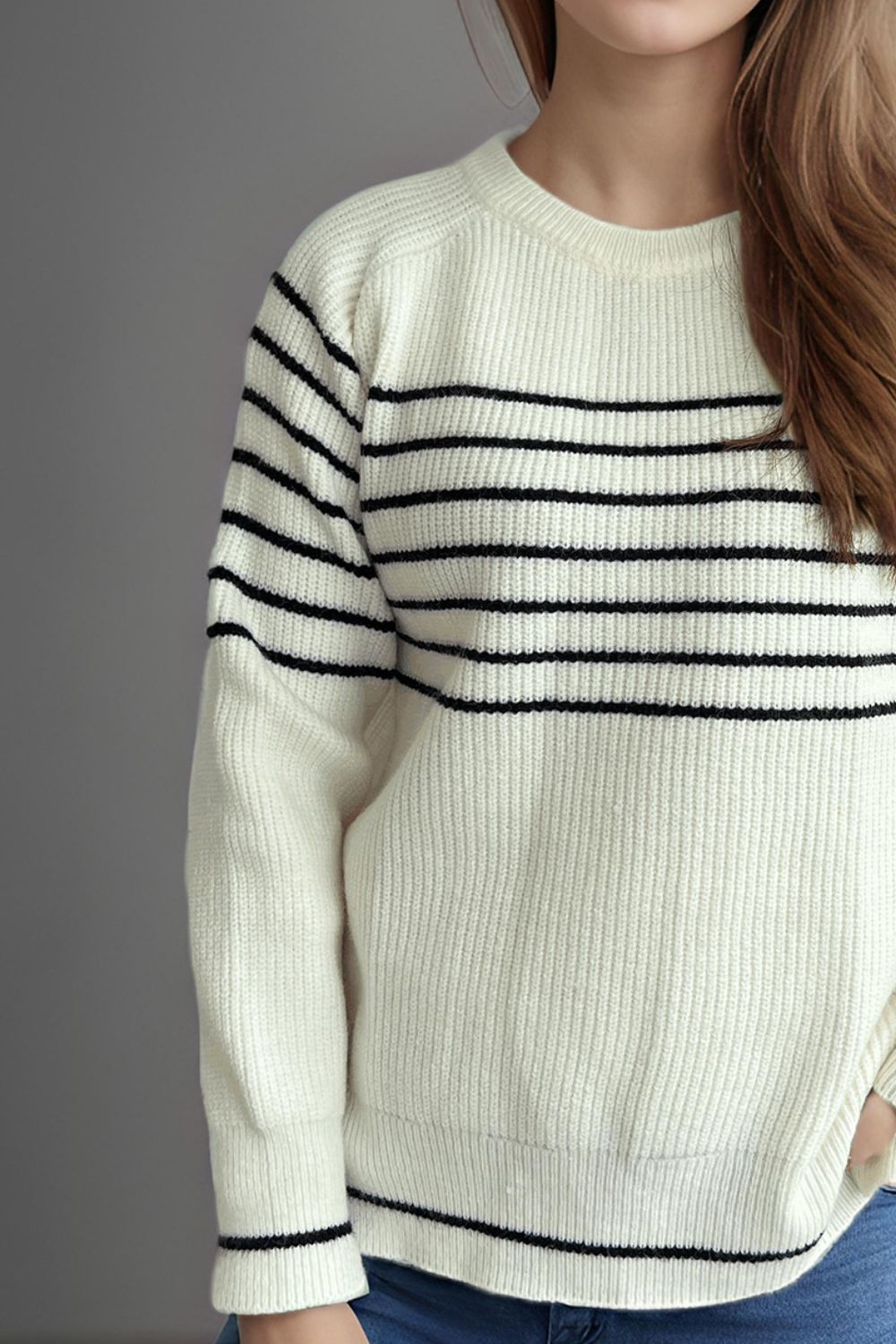 Striped Round Neck Long Sleeve Sweater-TOPS / DRESSES-[Adult]-[Female]-2022 Online Blue Zone Planet