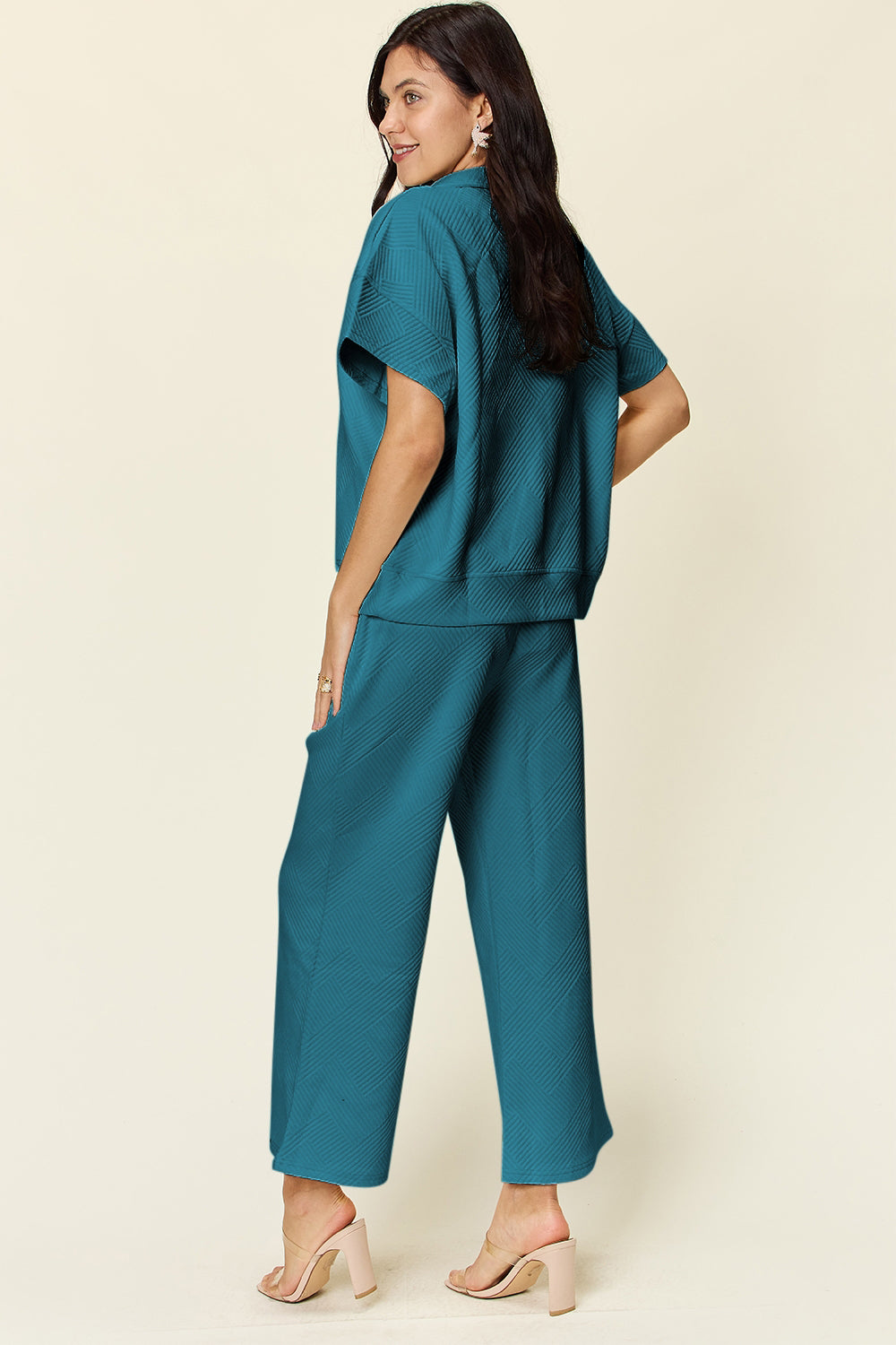 Double Take Full Size Texture Half Zip Short Sleeve Top and Pants Set-TOPS / DRESSES-[Adult]-[Female]-2022 Online Blue Zone Planet