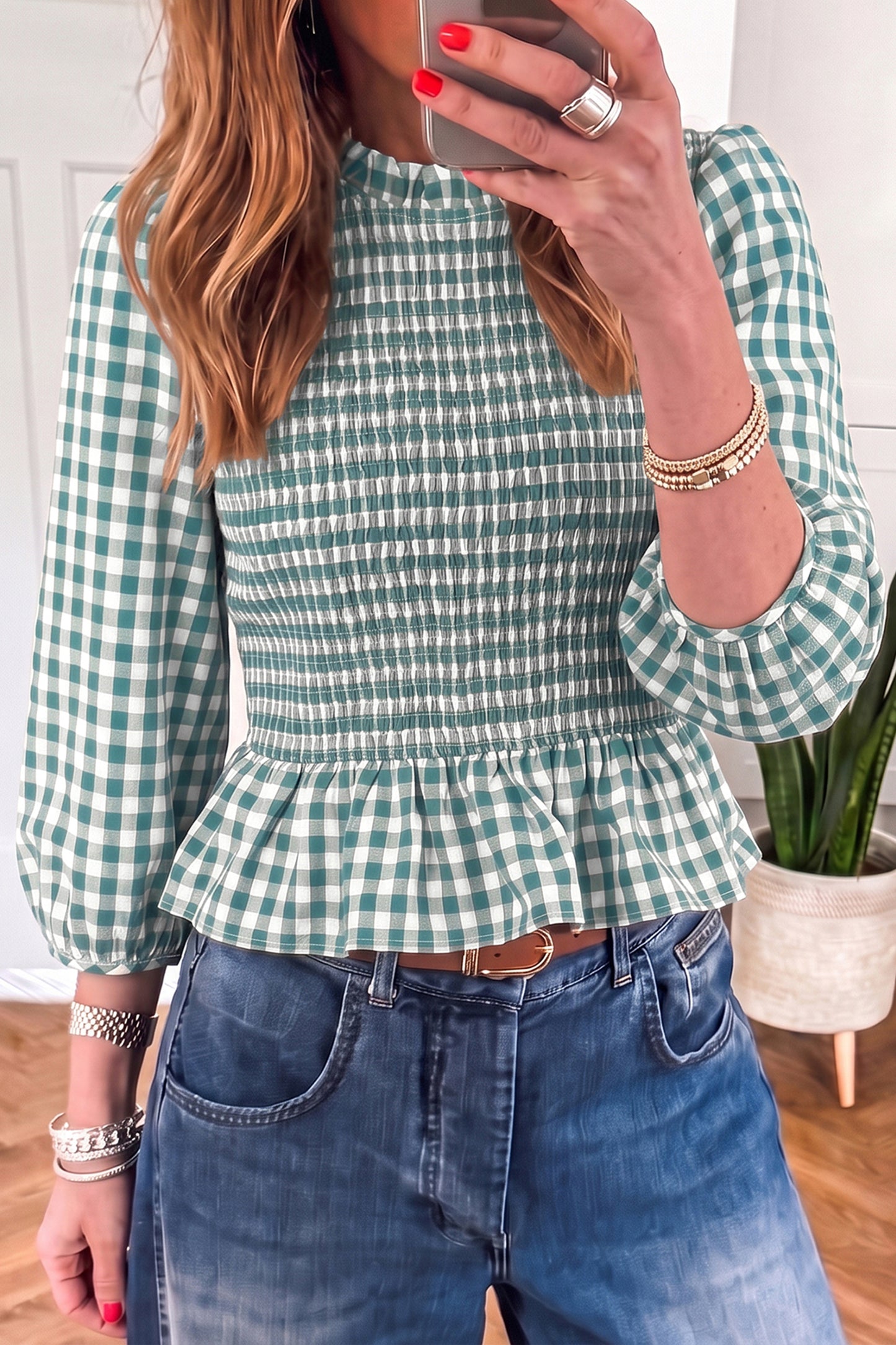 Red 3/4 Sleeve Shirred Plaid Peplum Top