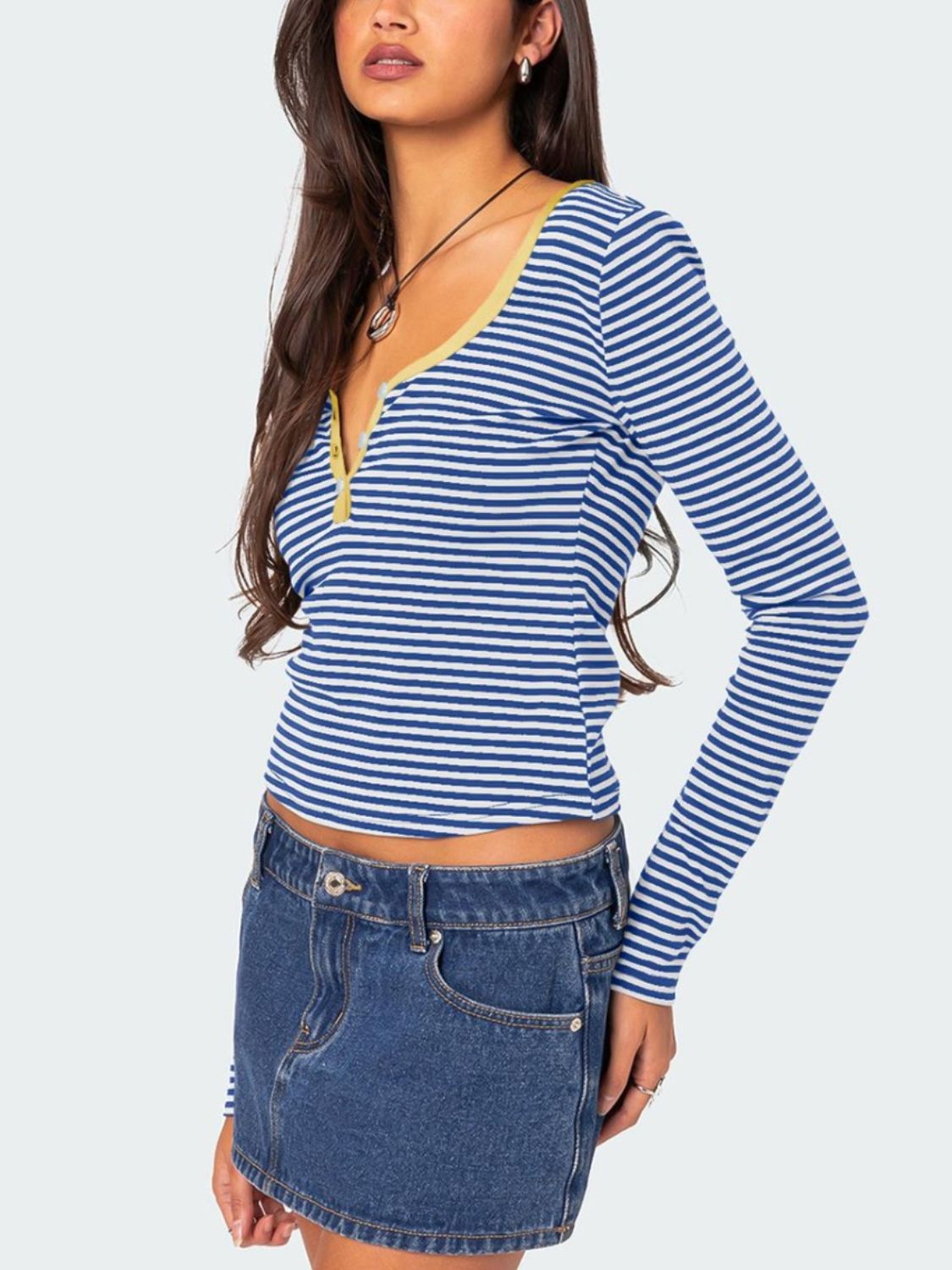 Buttoned Striped Long Sleeve T-Shirt-TOPS / DRESSES-[Adult]-[Female]-2022 Online Blue Zone Planet