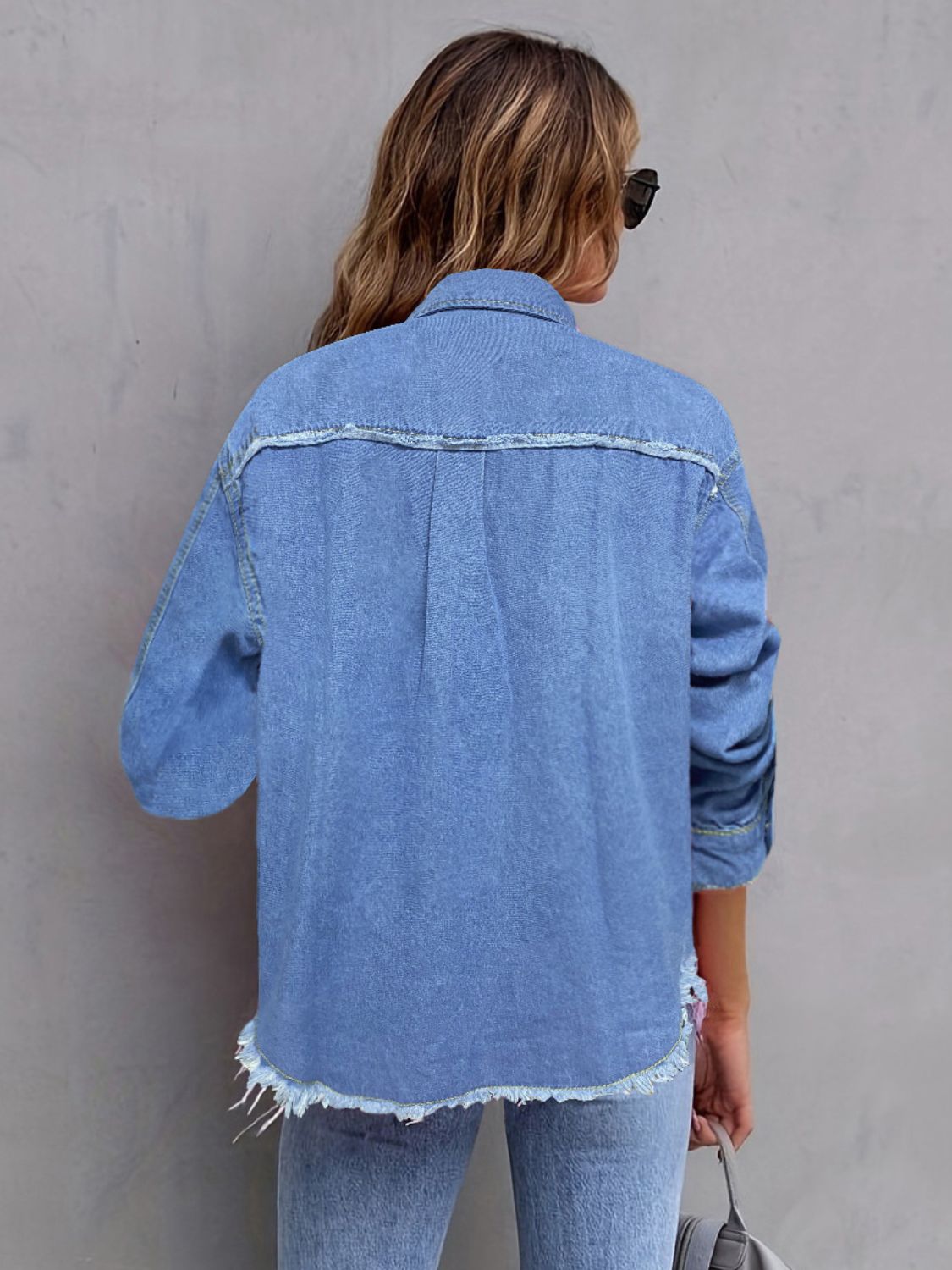 Pocketed Collared Neck Long Sleeve Denim Shirt-TOPS / DRESSES-[Adult]-[Female]-2022 Online Blue Zone Planet