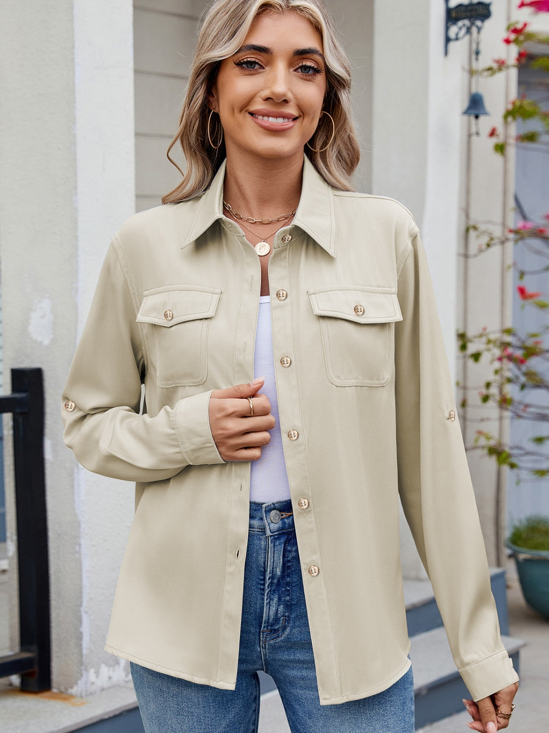 Solid Color Collared Neck Long Sleeve Shirt-TOPS / DRESSES-[Adult]-[Female]-Beige-S-2022 Online Blue Zone Planet