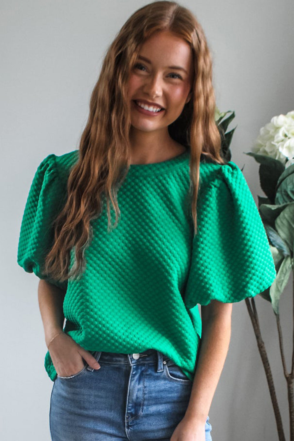 Sea Green Solid Textured O Neck Puff Sleeve Blouse-Tops/Blouses & Shirts-[Adult]-[Female]-2022 Online Blue Zone Planet