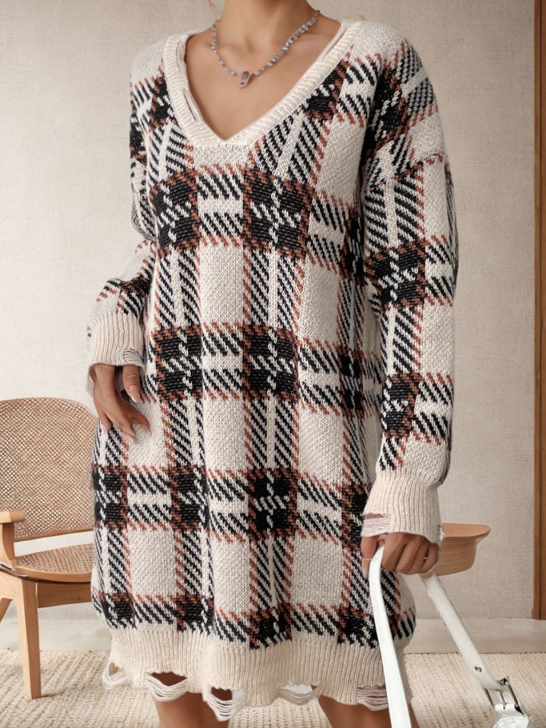 Distressed Plaid V-Neck Long Sleeve Sweater Dress-TOPS / DRESSES-[Adult]-[Female]-2022 Online Blue Zone Planet