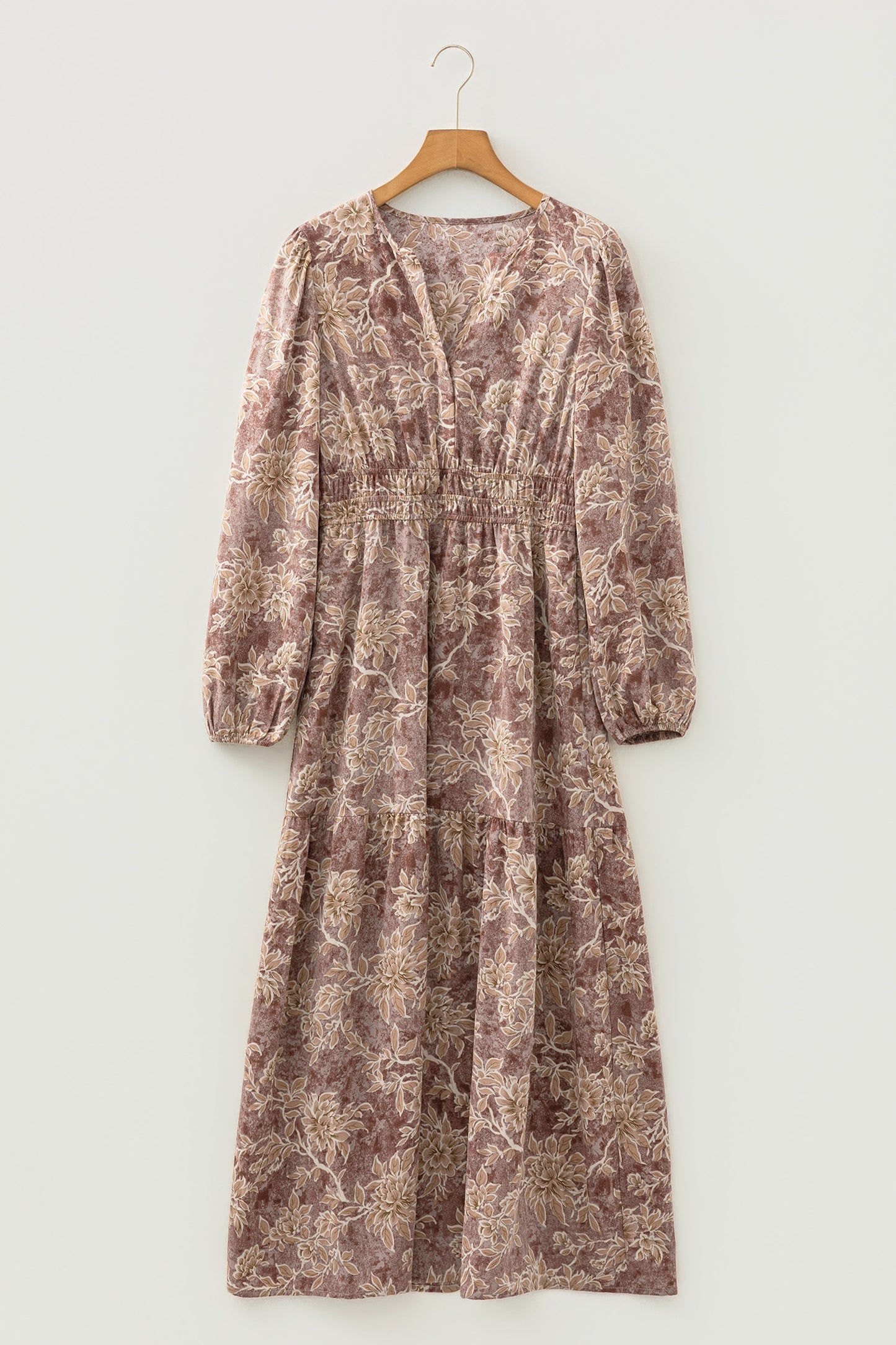 Brown Floral Print Smocked High Waist Long Sleeve Maxi Dress Brown / L / 100%Polyester by Blue Zone Planet Brown Floral Print Smocked High Waist Long Sleeve Maxi Dress Brown / L / 100%Polyester by Blue Zone Planet