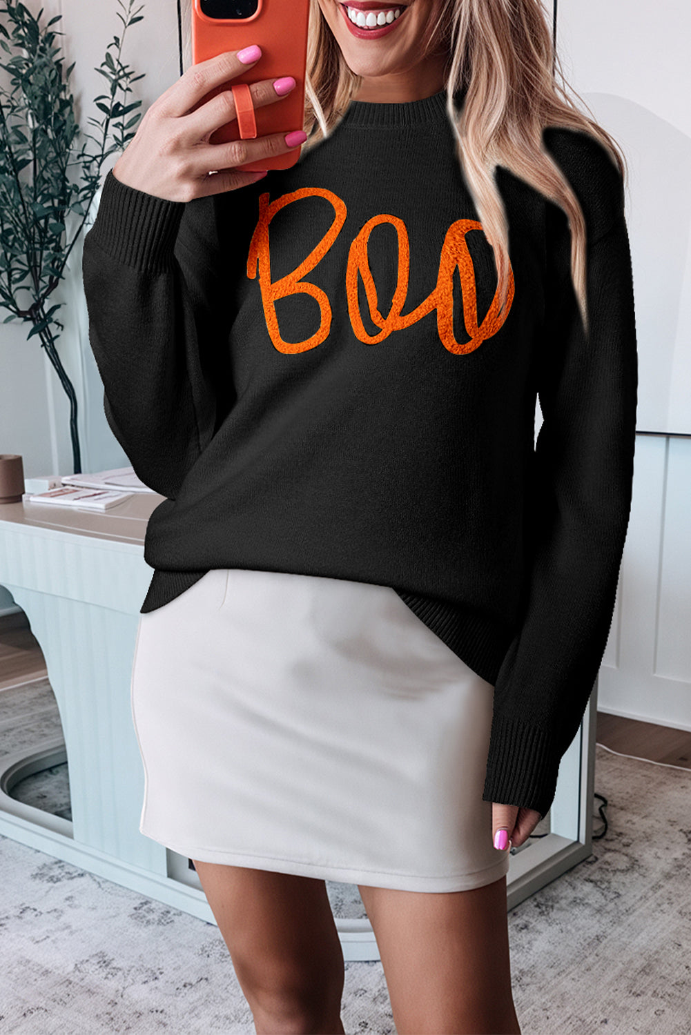 Blue Zone Planet | Orange Boo Knitted Pattern Ribbed Edge Drop Shoulder Sweater-Sweaters & Cardigans/Sweaters-[Adult]-[Female]-Black-S-2022 Online Blue Zone Planet