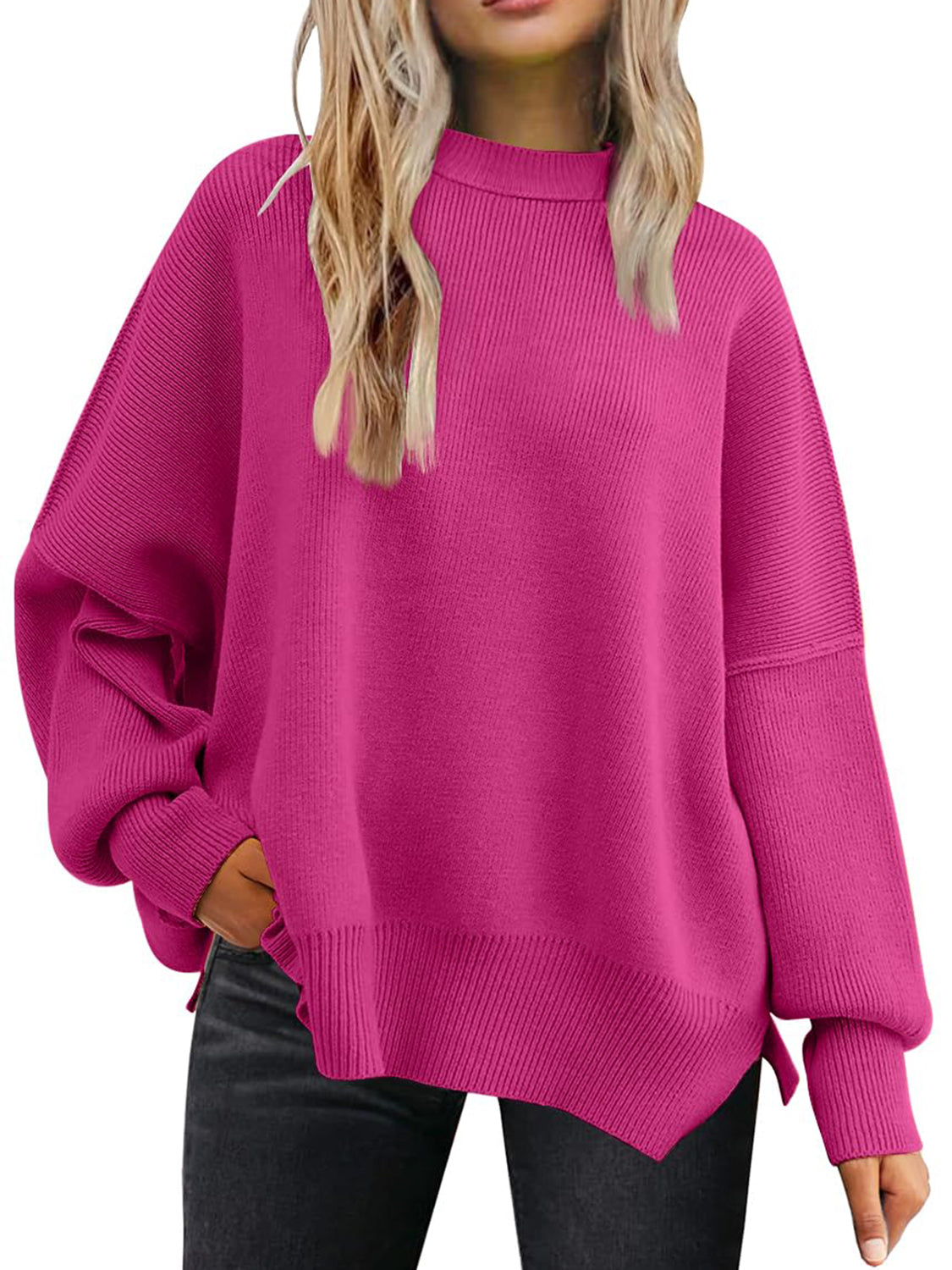 Blue Zone Planet | Slit Round Neck Dropped Shoulder Sweater-TOPS / DRESSES-[Adult]-[Female]-2022 Online Blue Zone Planet