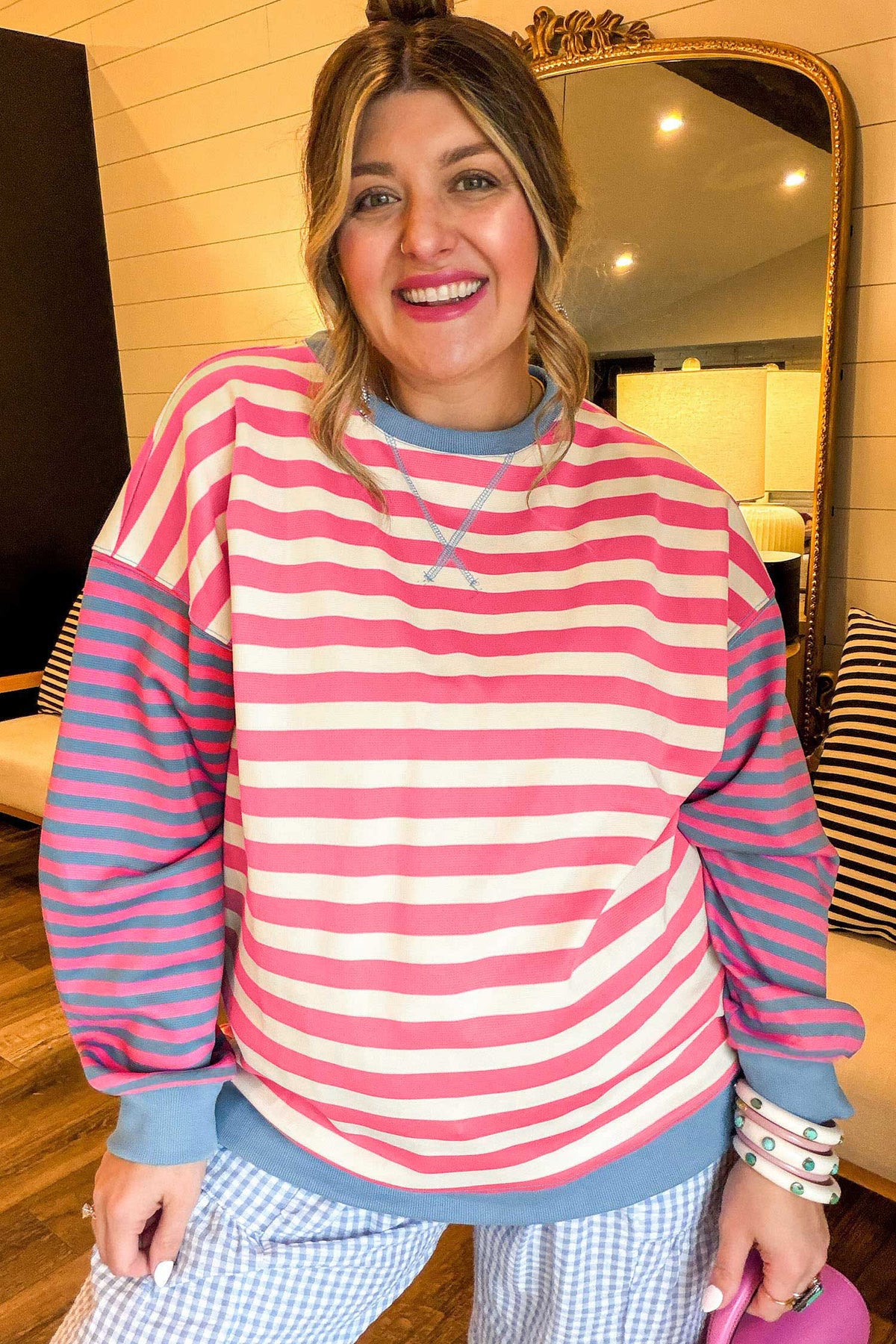 Pink Stripe Colorblock Striped Crewneck Long Sleeve Shift Tunic Plus Size Sweatshirt