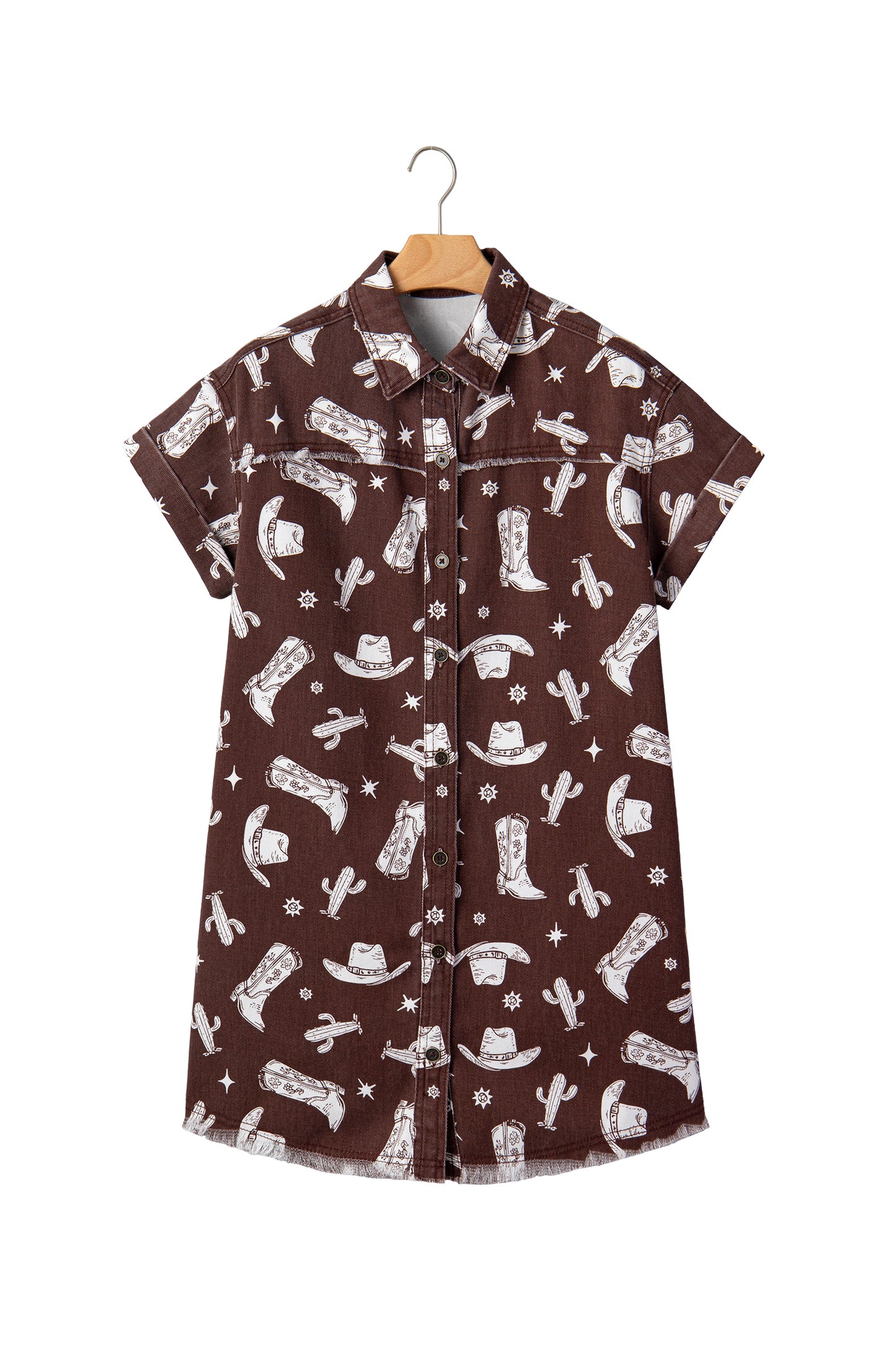Brown Cowgirl Hats Boots Cactus Print Raw Edge Button Down Short Denim Dress-TOPS / DRESSES-[Adult]-[Female]-2022 Online Blue Zone Planet