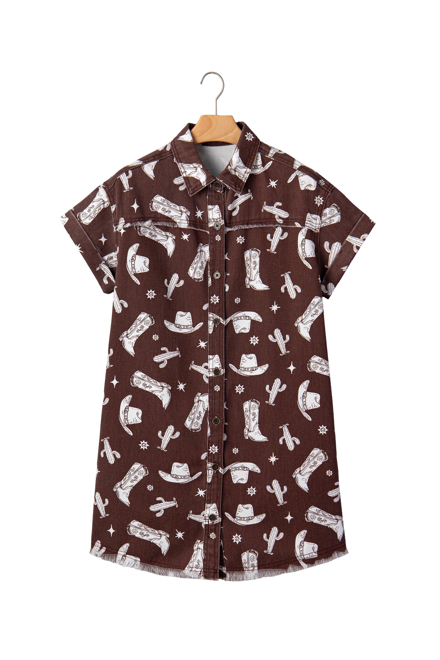 Brown Cowgirl Hats Boots Cactus Print Raw Edge Button Down Short Denim Dress-TOPS / DRESSES-[Adult]-[Female]-2022 Online Blue Zone Planet