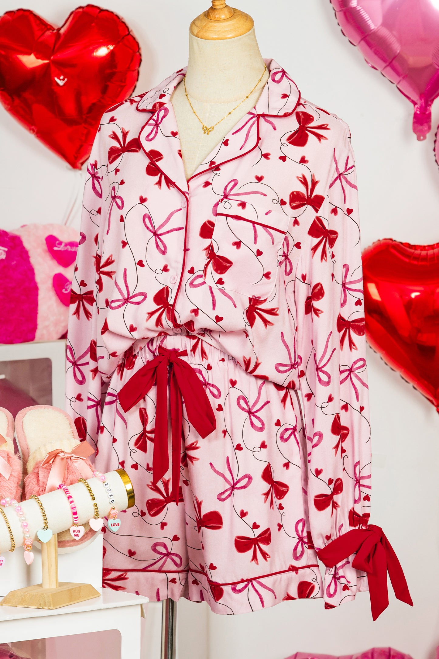 Red Bow Print Valentine Long Sleeve Shirt Shorts 2 Pcs Pajama Set-Loungewear & Sleepwear/Sleepwear-[Adult]-[Female]-2022 Online Blue Zone Planet