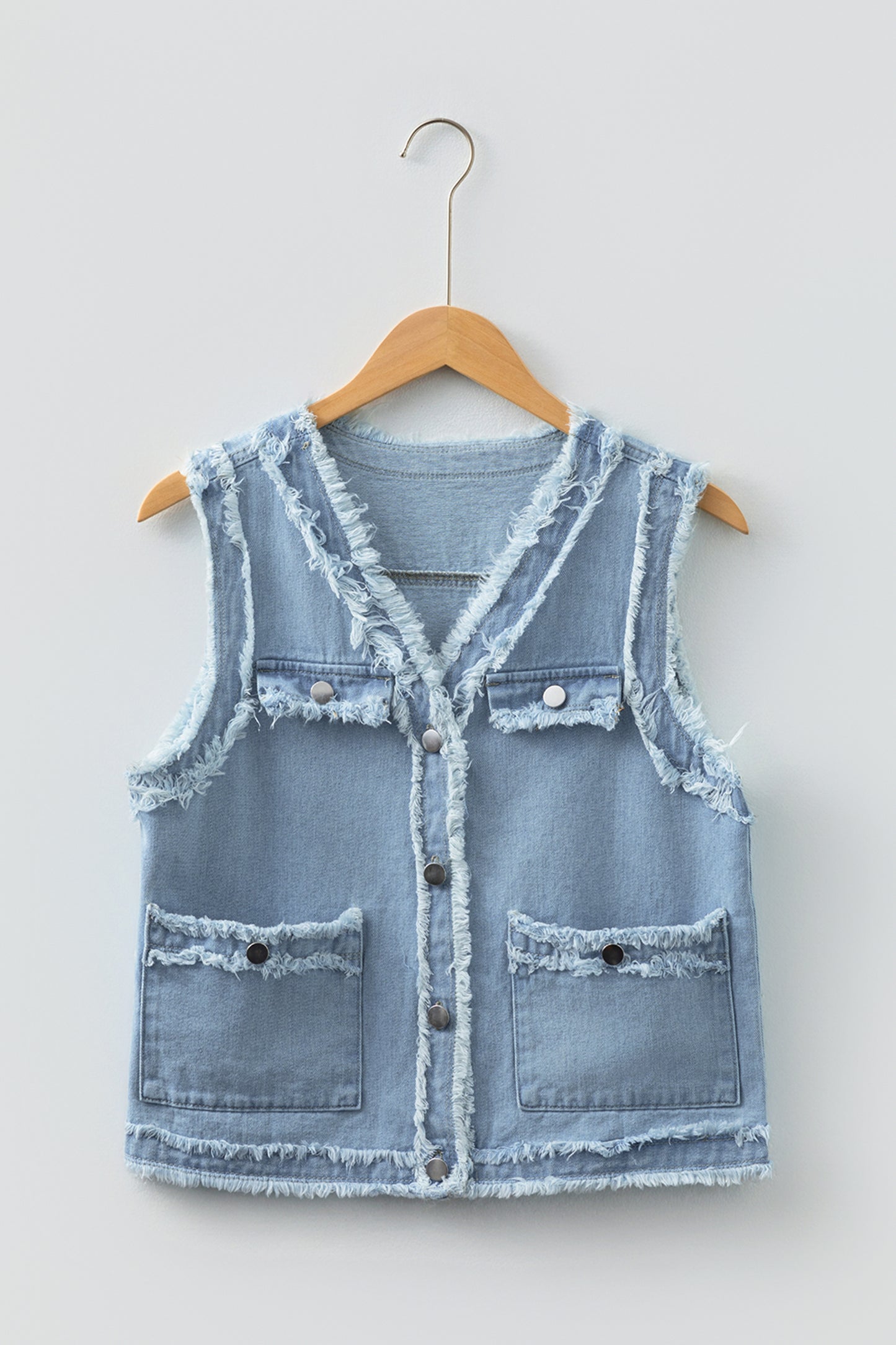 Beau Blue Frayed Edge Flap Pockets Denim Vest Jacket-Outerwear/Vests-[Adult]-[Female]-2022 Online Blue Zone Planet