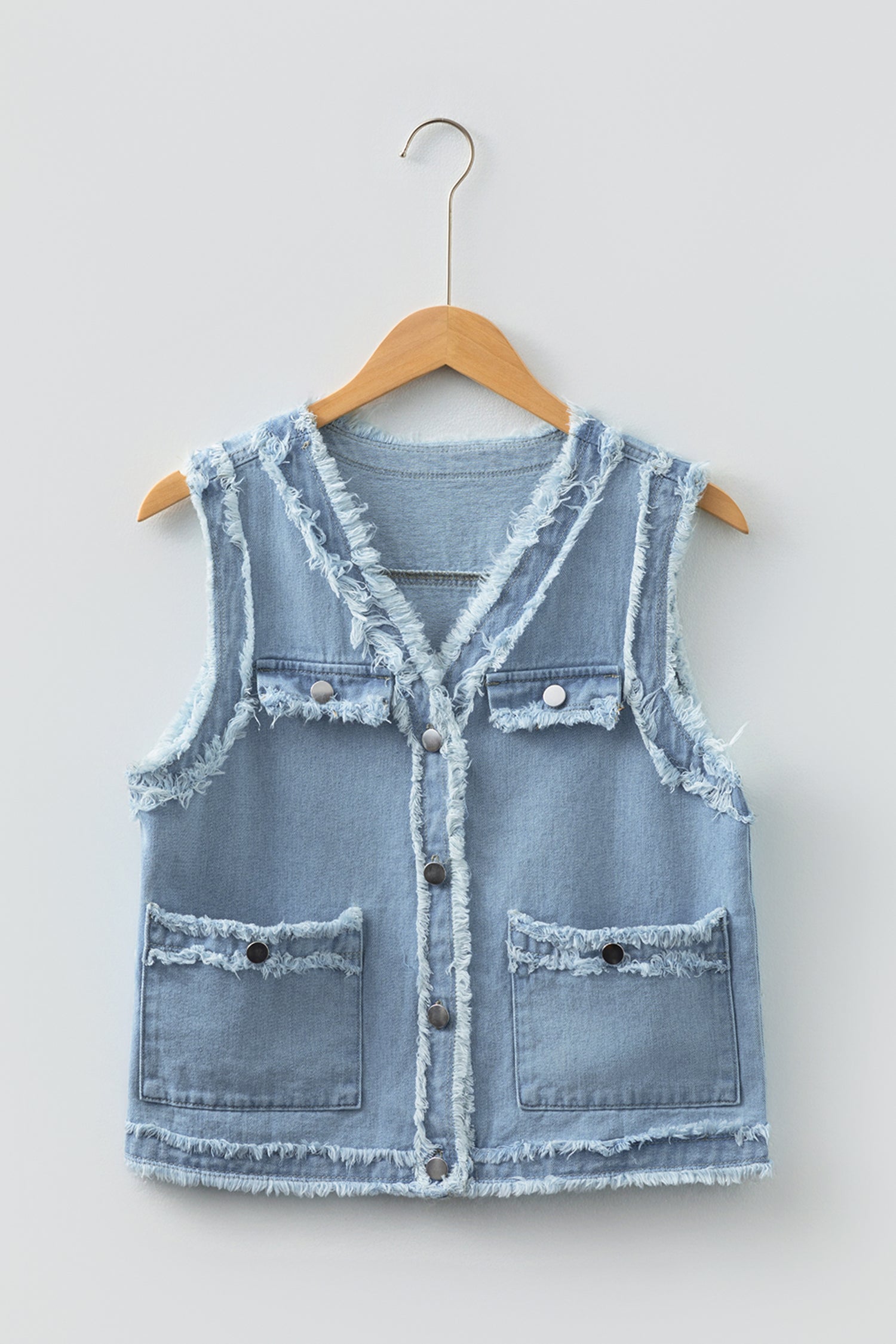Beau Blue Frayed Edge Flap Pockets Denim Vest Jacket-Outerwear/Vests-[Adult]-[Female]-2022 Online Blue Zone Planet