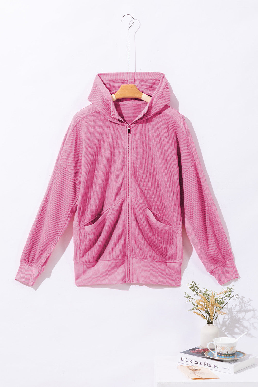 Blue Zone Planet | Waffle-Knit Pocketed Zip Up Hooded Jacket-TOPS / DRESSES-[Adult]-[Female]-2022 Online Blue Zone Planet