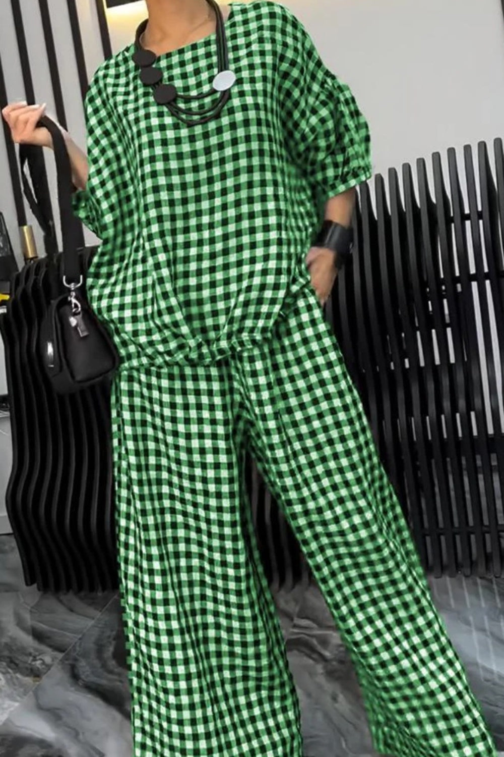 Full Size Plaid Round Neck Half Sleeve Top and Pants Set-TOPS / DRESSES-[Adult]-[Female]-Green-S-2022 Online Blue Zone Planet