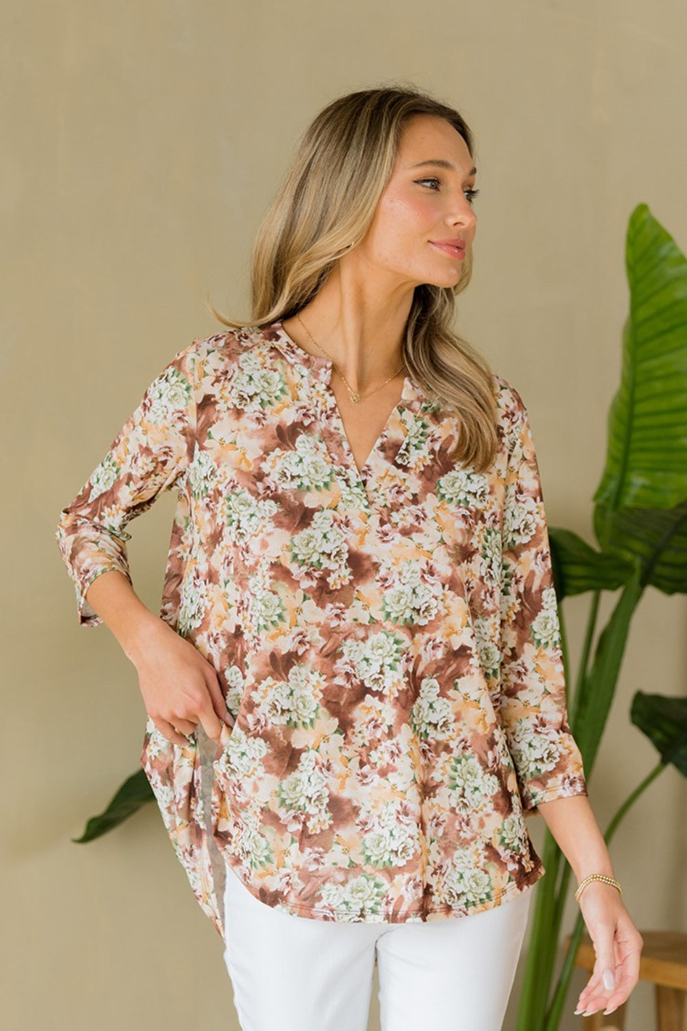 Sew In Love Full Size Wrinkle-Free Floral Notched Top-TOPS / DRESSES-[Adult]-[Female]-2022 Online Blue Zone Planet