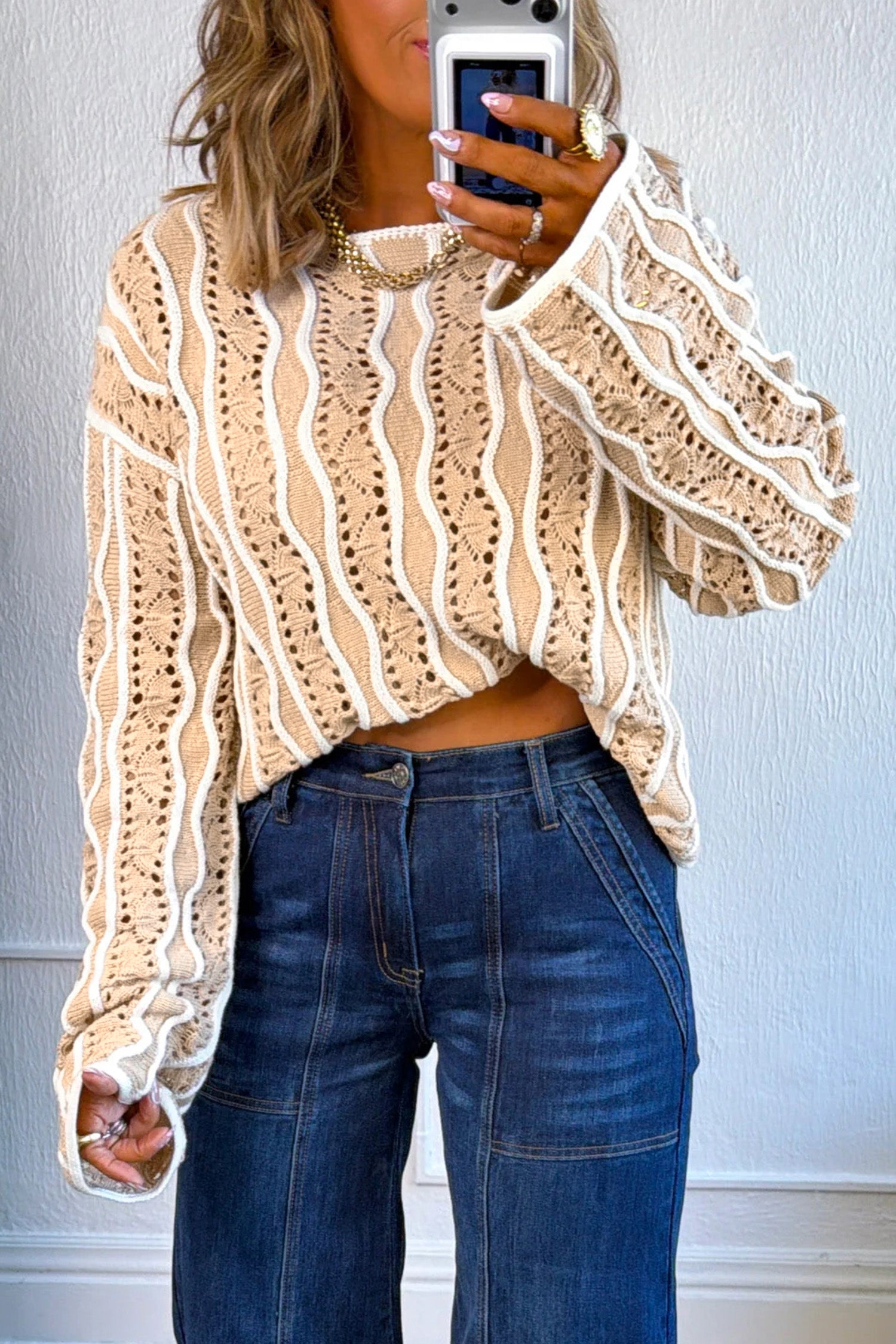 Khaki Wavy Detail Hollow Out Knit Long Sleeve Cotton Pullover Sweater-Sweaters & Cardigans/Sweaters-[Adult]-[Female]-2022 Online Blue Zone Planet