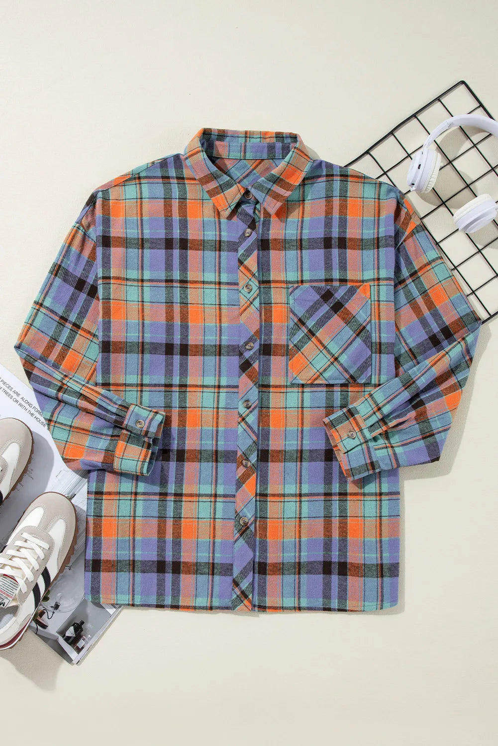 Plaid Collared Neck Long Sleeve Shirt-TOPS / DRESSES-[Adult]-[Female]-2022 Online Blue Zone Planet