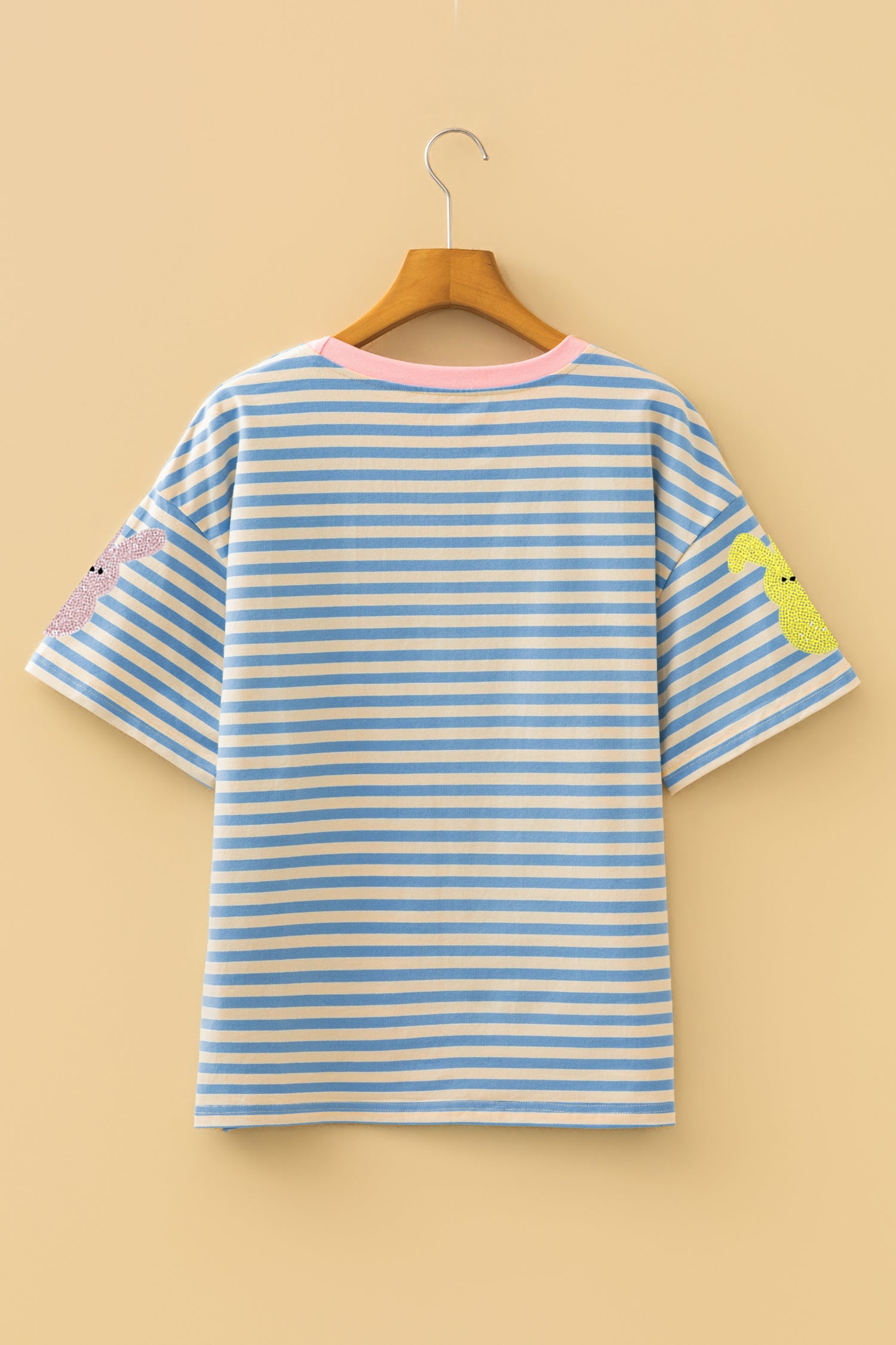 Sky Blue Stripe Sequin Easter Bunny Patched Drop Shoulder Tee-Graphic/Graphic Tees-[Adult]-[Female]-2022 Online Blue Zone Planet