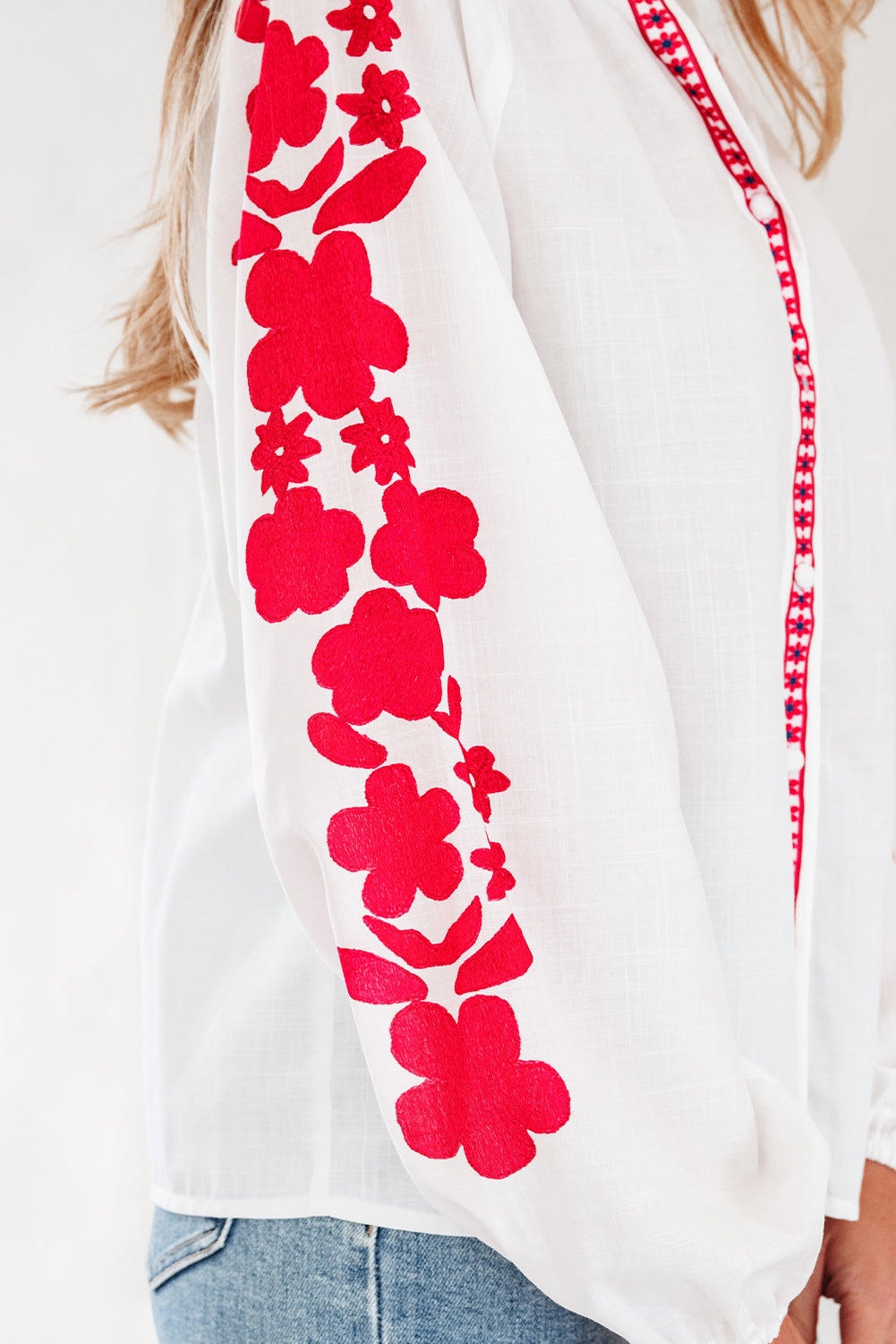 White Floral Embroidered Puff Long Sleeve Casual Shirt-Tops/Blouses & Shirts-[Adult]-[Female]-2022 Online Blue Zone Planet
