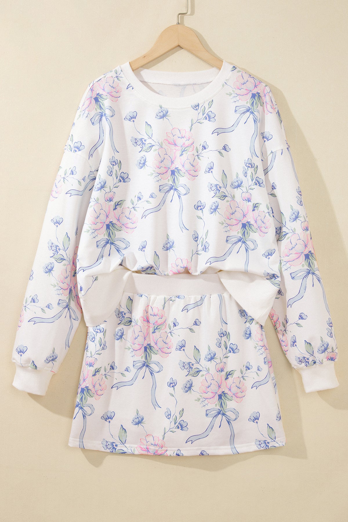 White Floral Print Long Sleeve Top Elastic Waist Skort Two Piece Dresses-TOPS / DRESSES-[Adult]-[Female]-2022 Online Blue Zone Planet