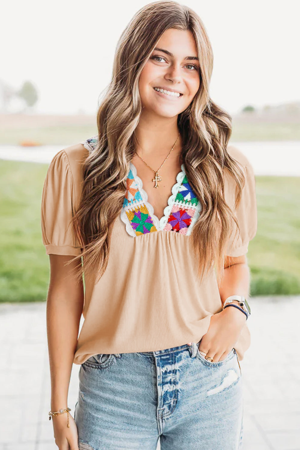 Pale Chestnut Crochet Floral V Neck Textured Short Sleeve Blouse-Tops/Blouses & Shirts-[Adult]-[Female]-2022 Online Blue Zone Planet