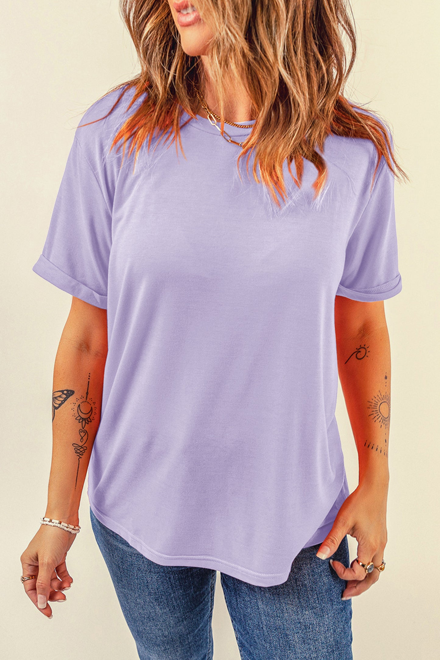 Orchid Petal Casual Plain Crew Neck Tee-Tops/Tops & Tees-[Adult]-[Female]-2022 Online Blue Zone Planet